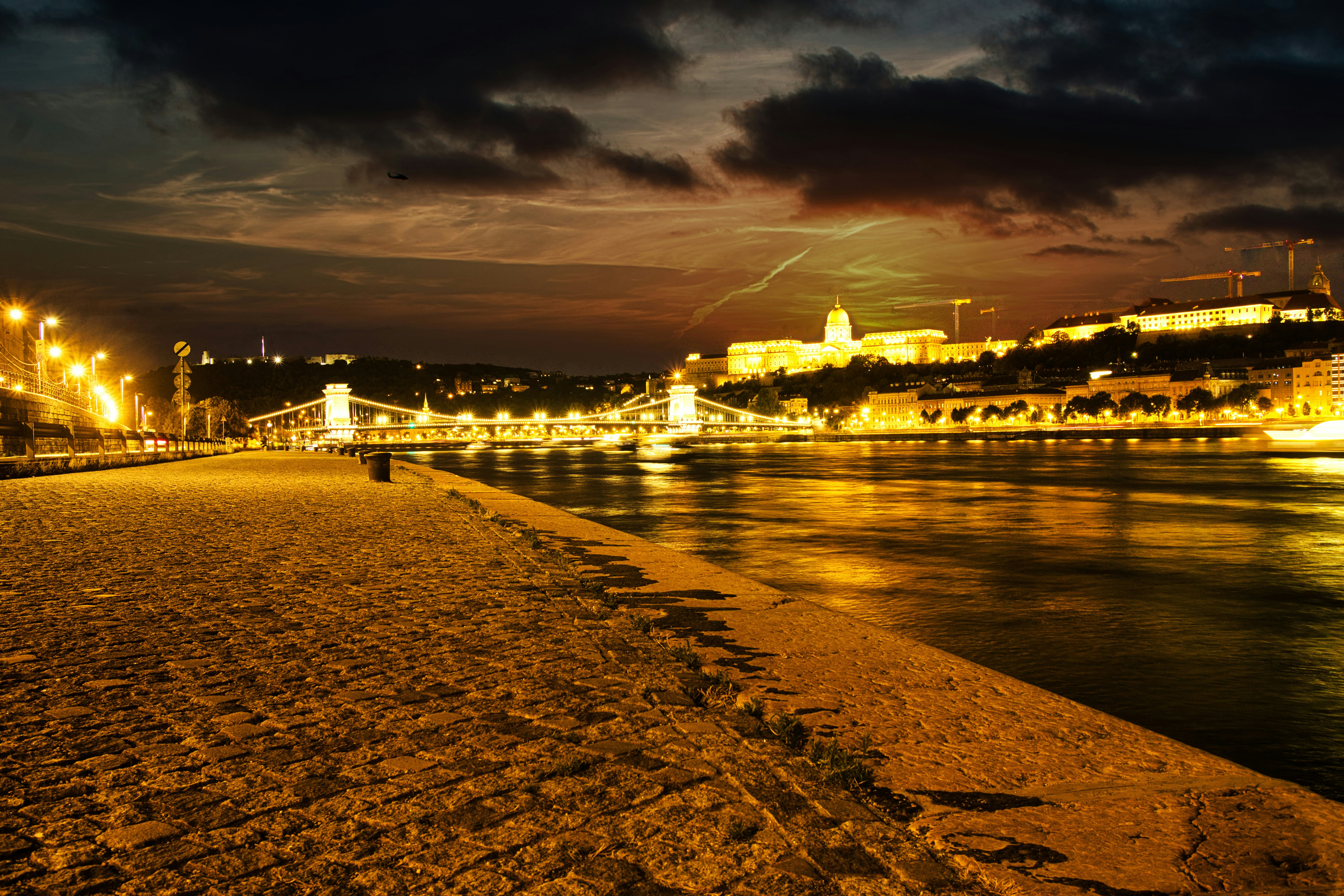 A nighttime view of a european city.