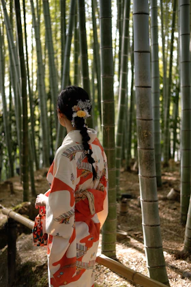 Woman in kimono admires a bamboo forest.