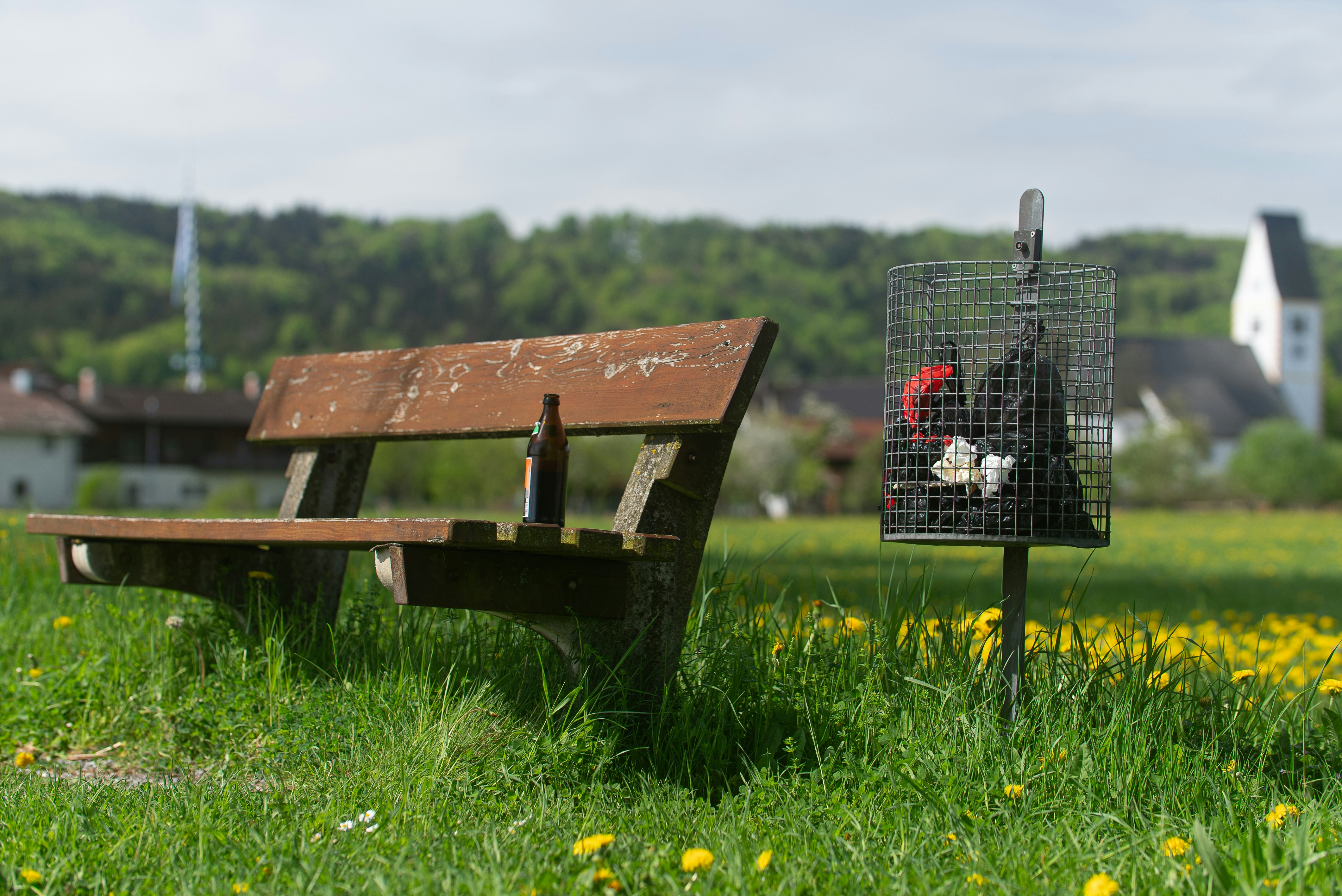 A bench and trash can sit in a green field.