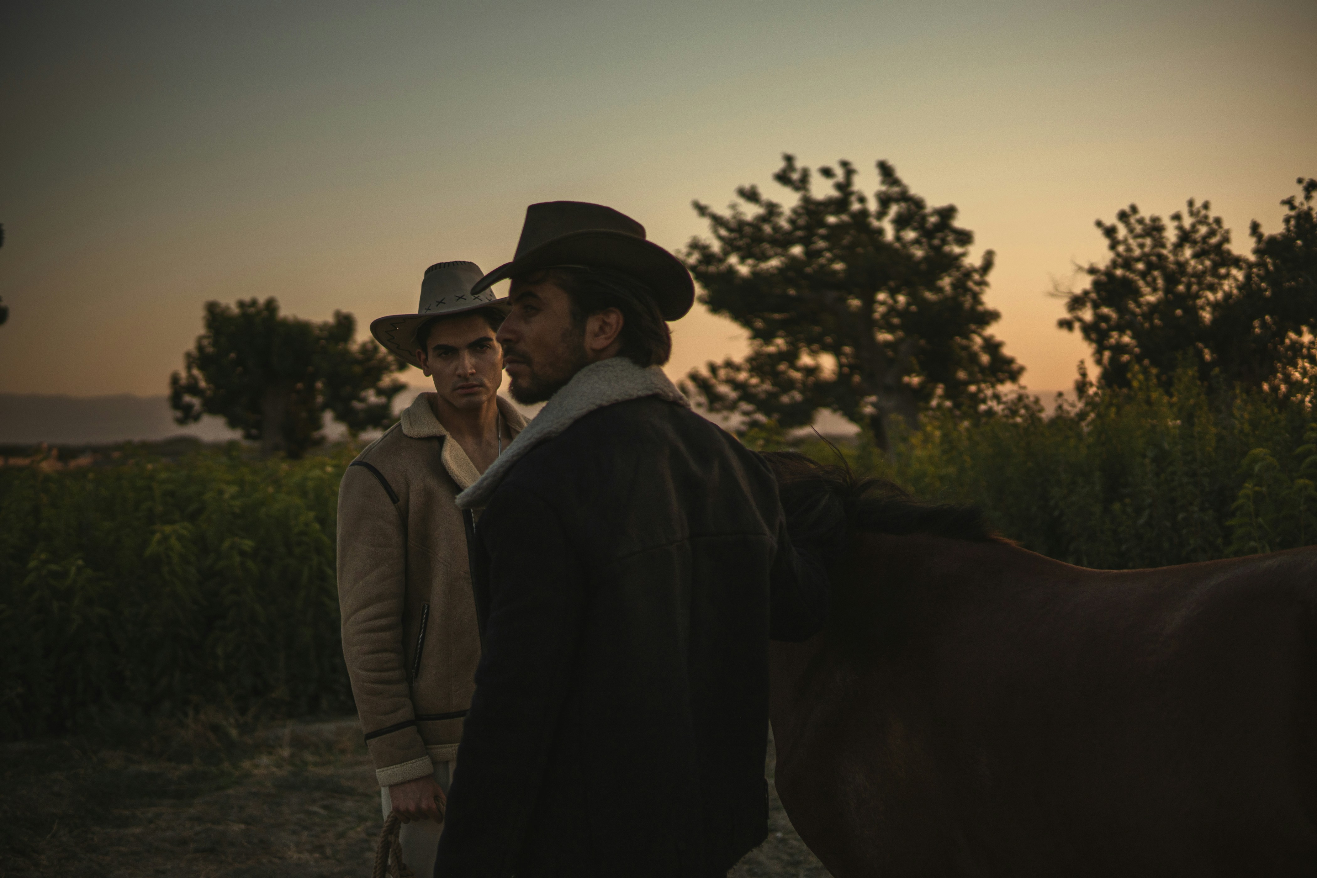 Cowboys talk near a horse at sunset.