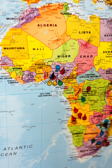 An african map with various locations marked.