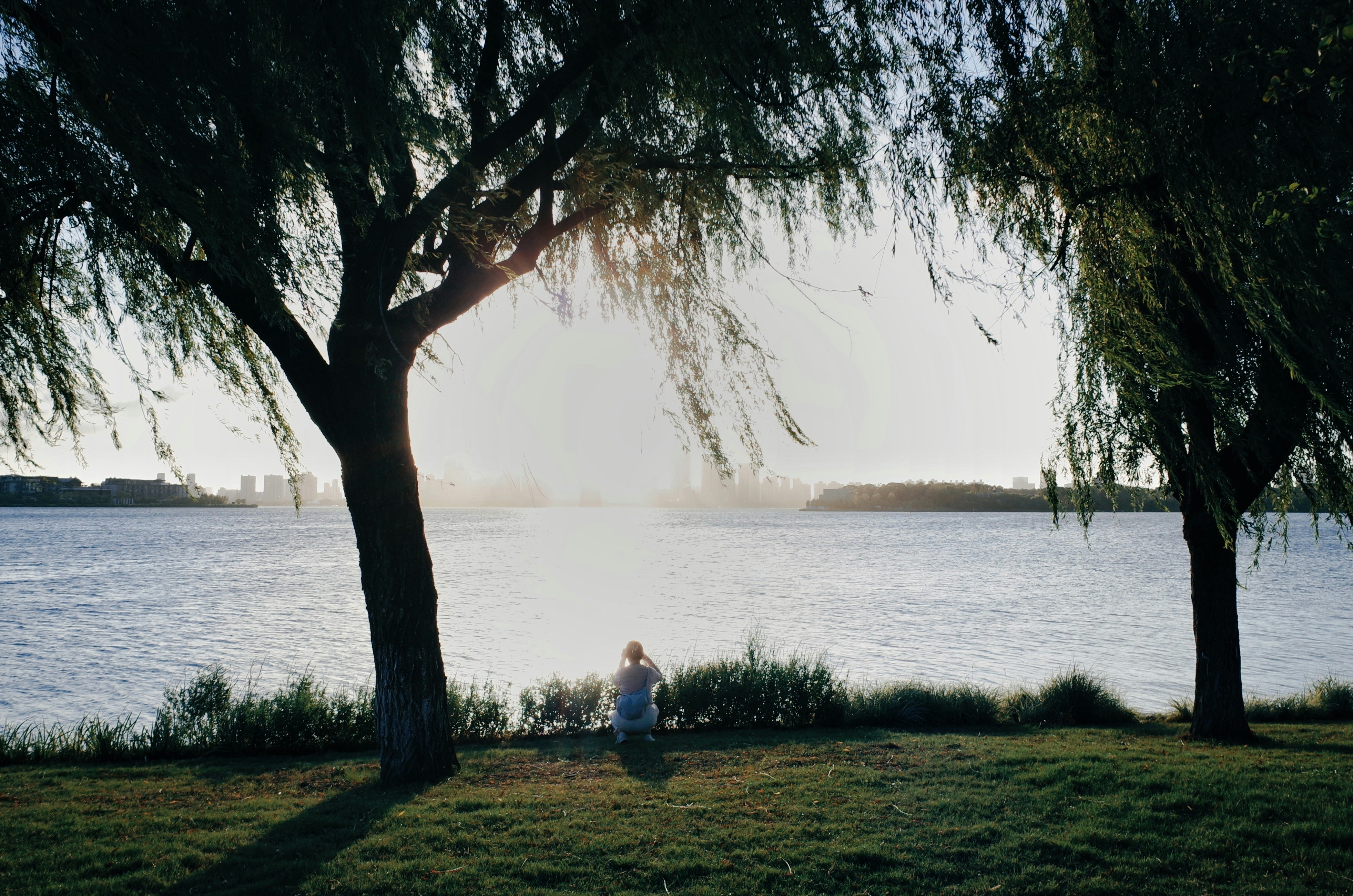 A person sits by the water under sunlight.