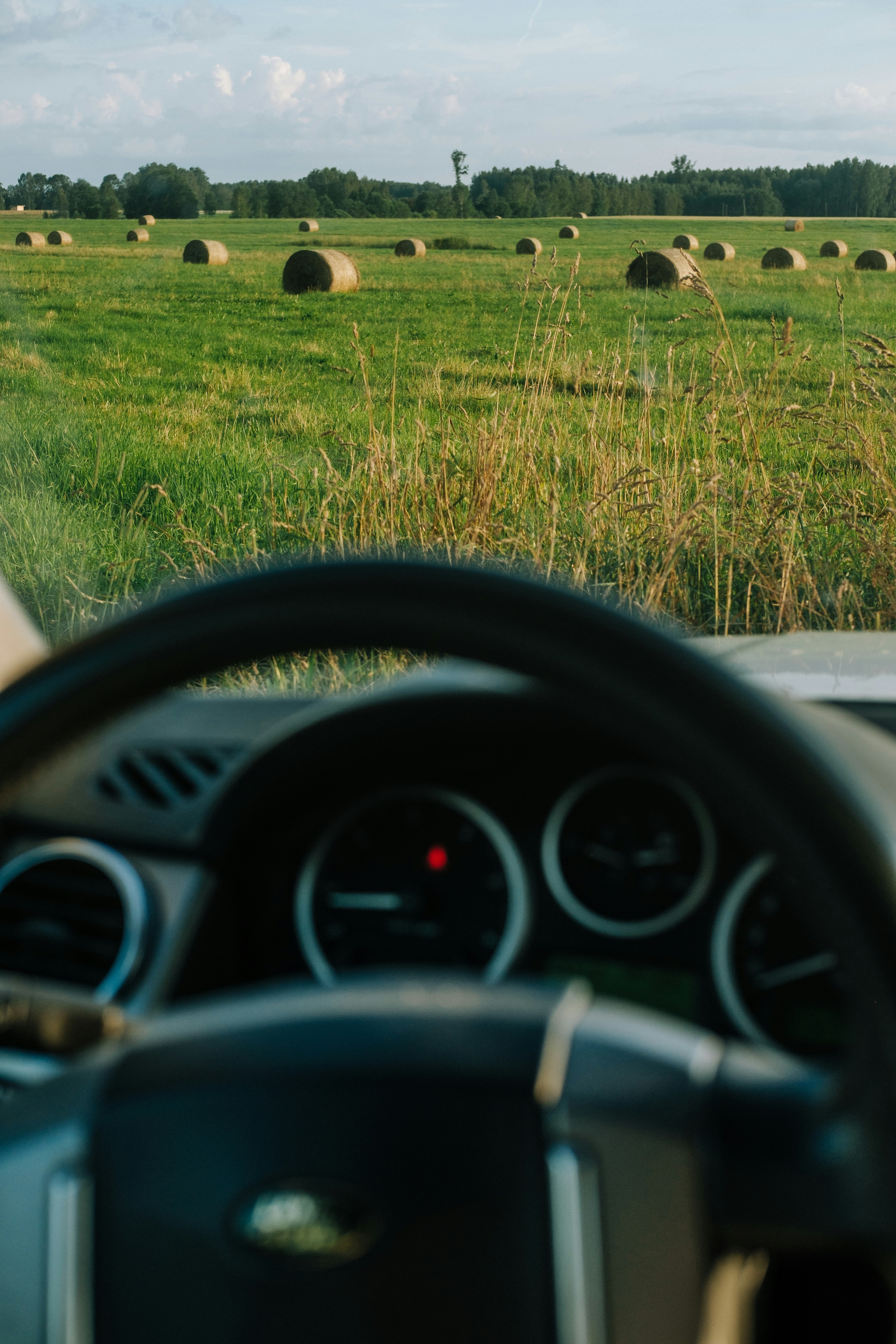 Driving past a field of hay bales.