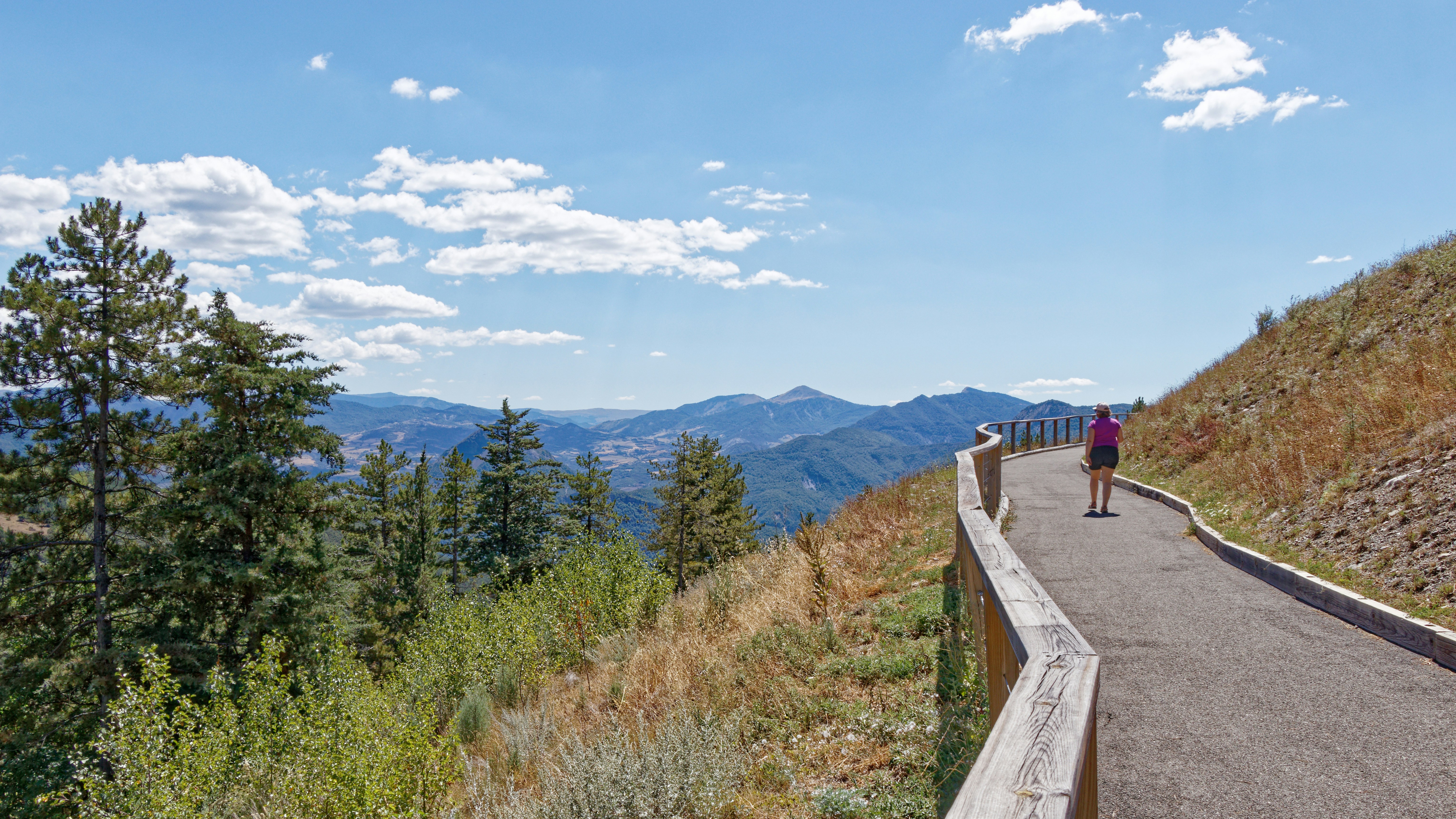 A person walks on a path with a scenic view.