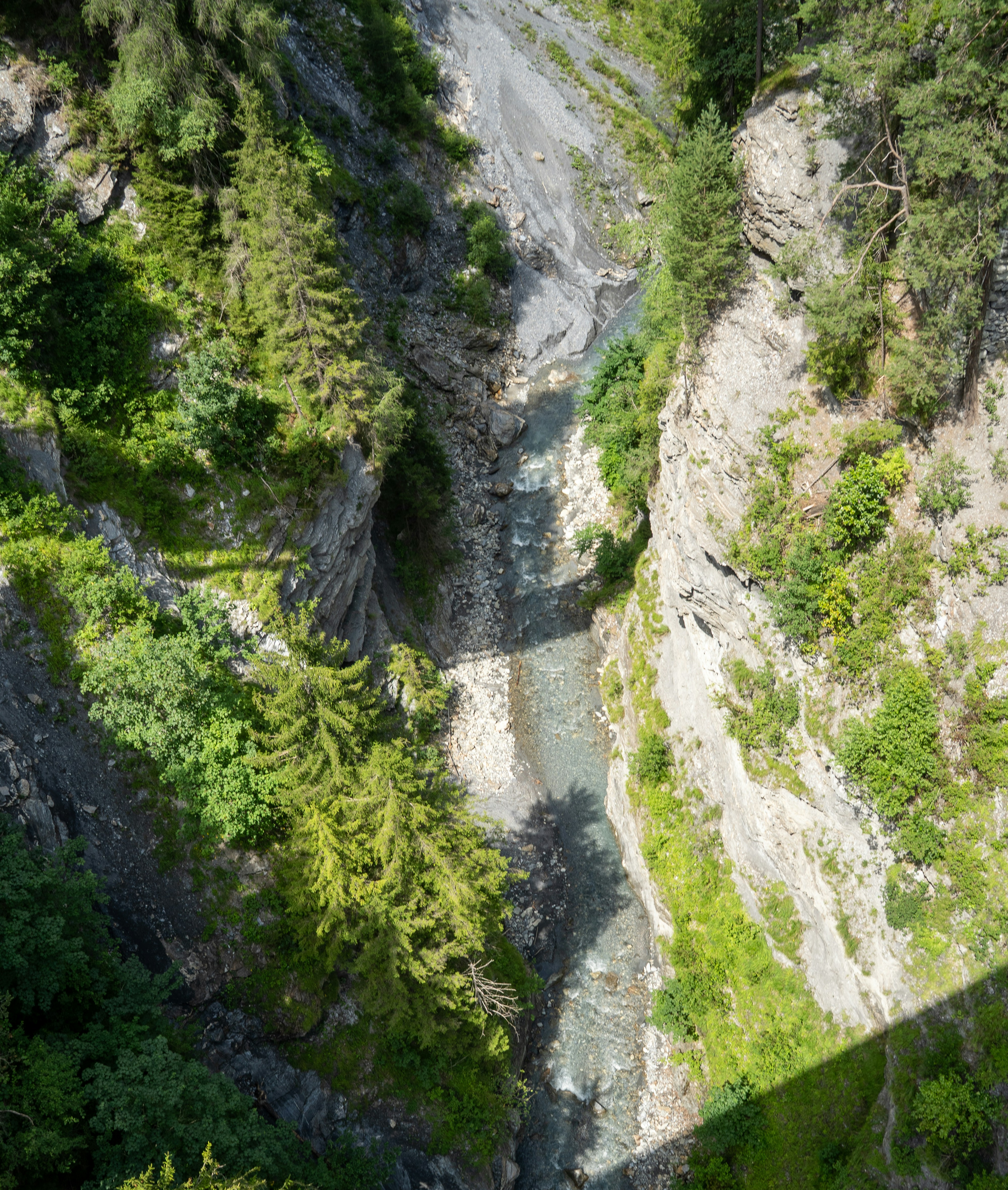 A narrow alpine stream winds through a deep rocky gorge in Graubünden, Switzerland, flanked by steep cliffs and dense greenery. The shadow of a bridge above stretches across the landscape, hinting at human presence in this otherwise untouched mountain terrain.