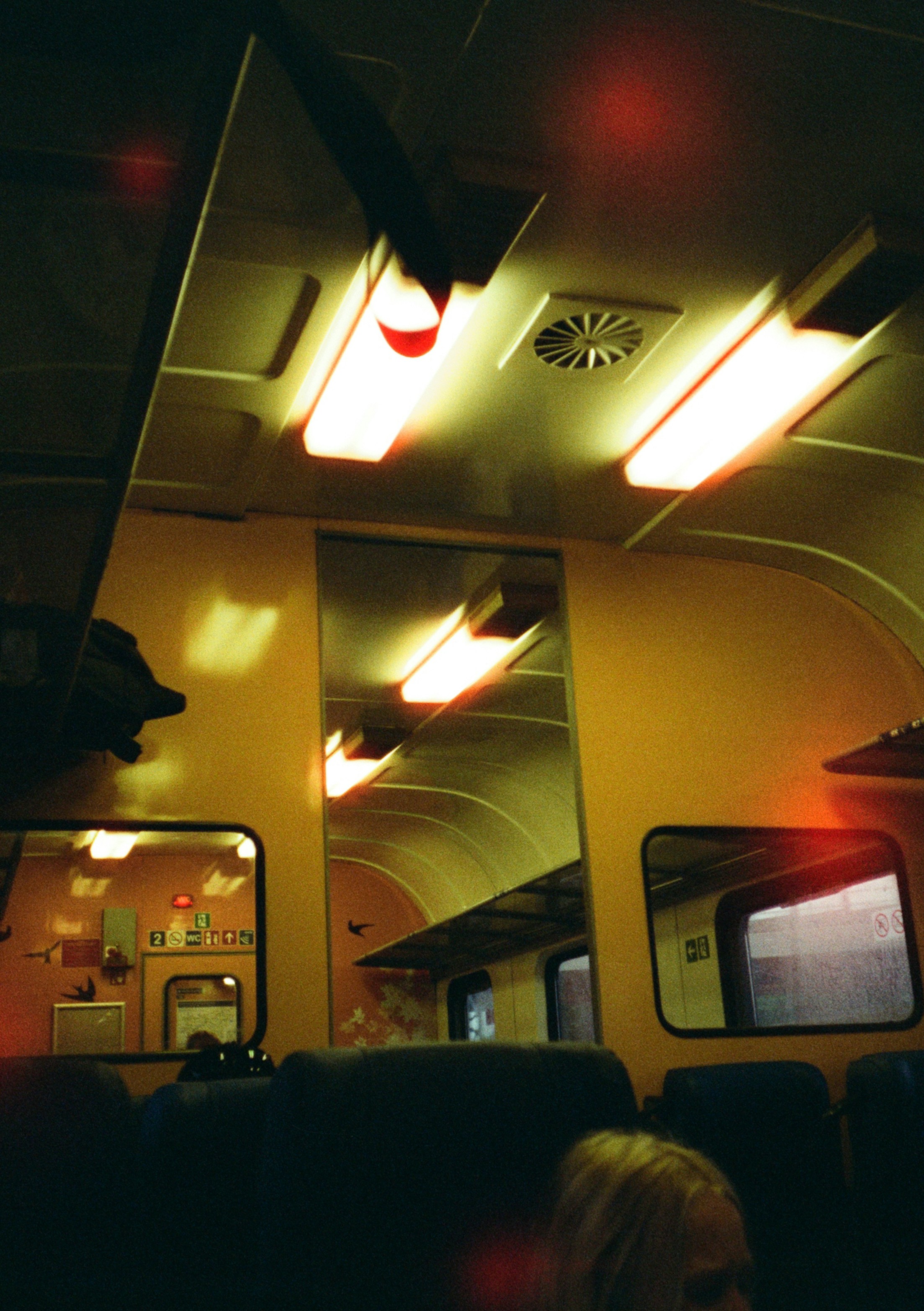 Inside of a dimly lit train car