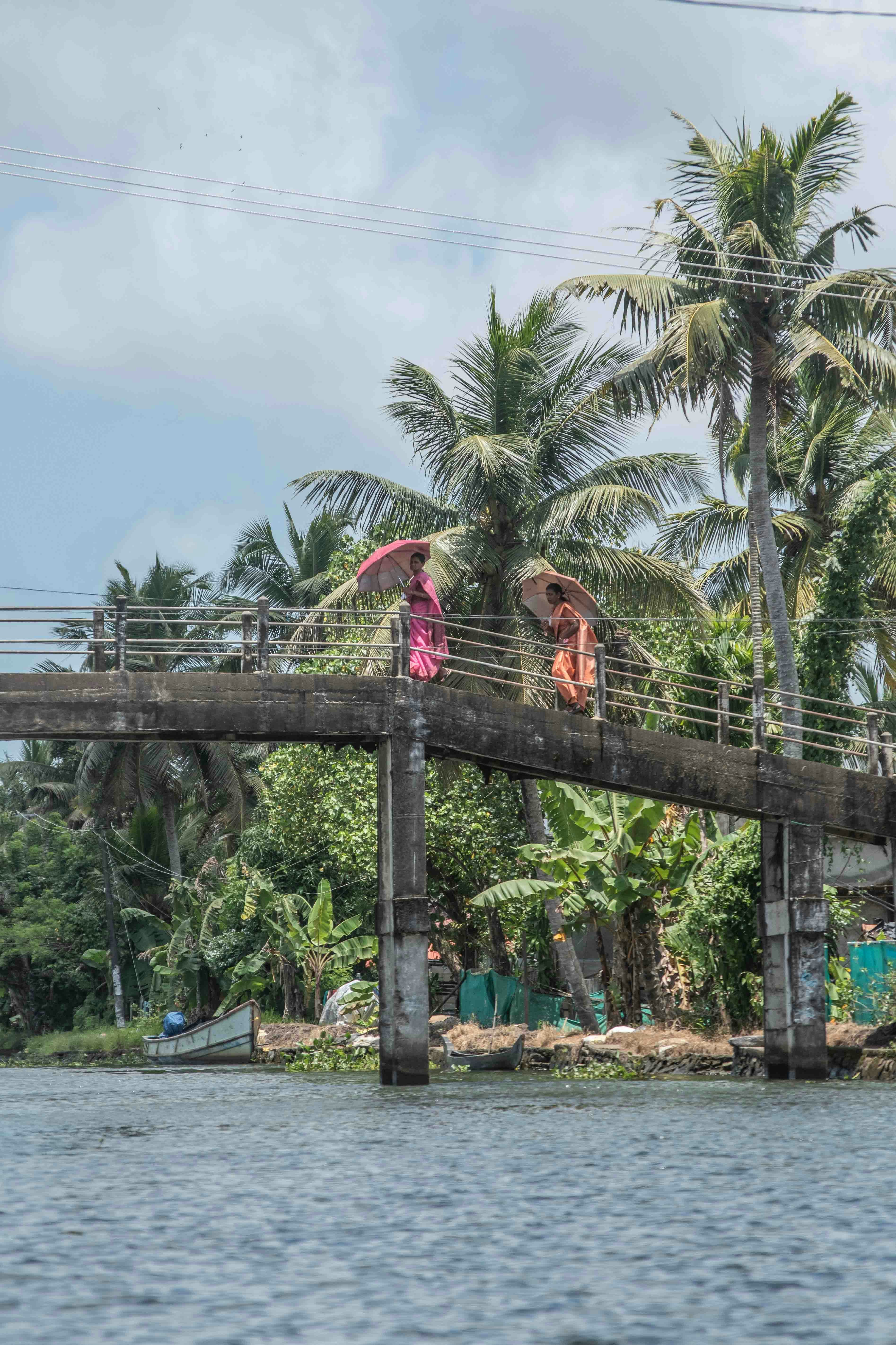 Women walk across a bridge in india.
