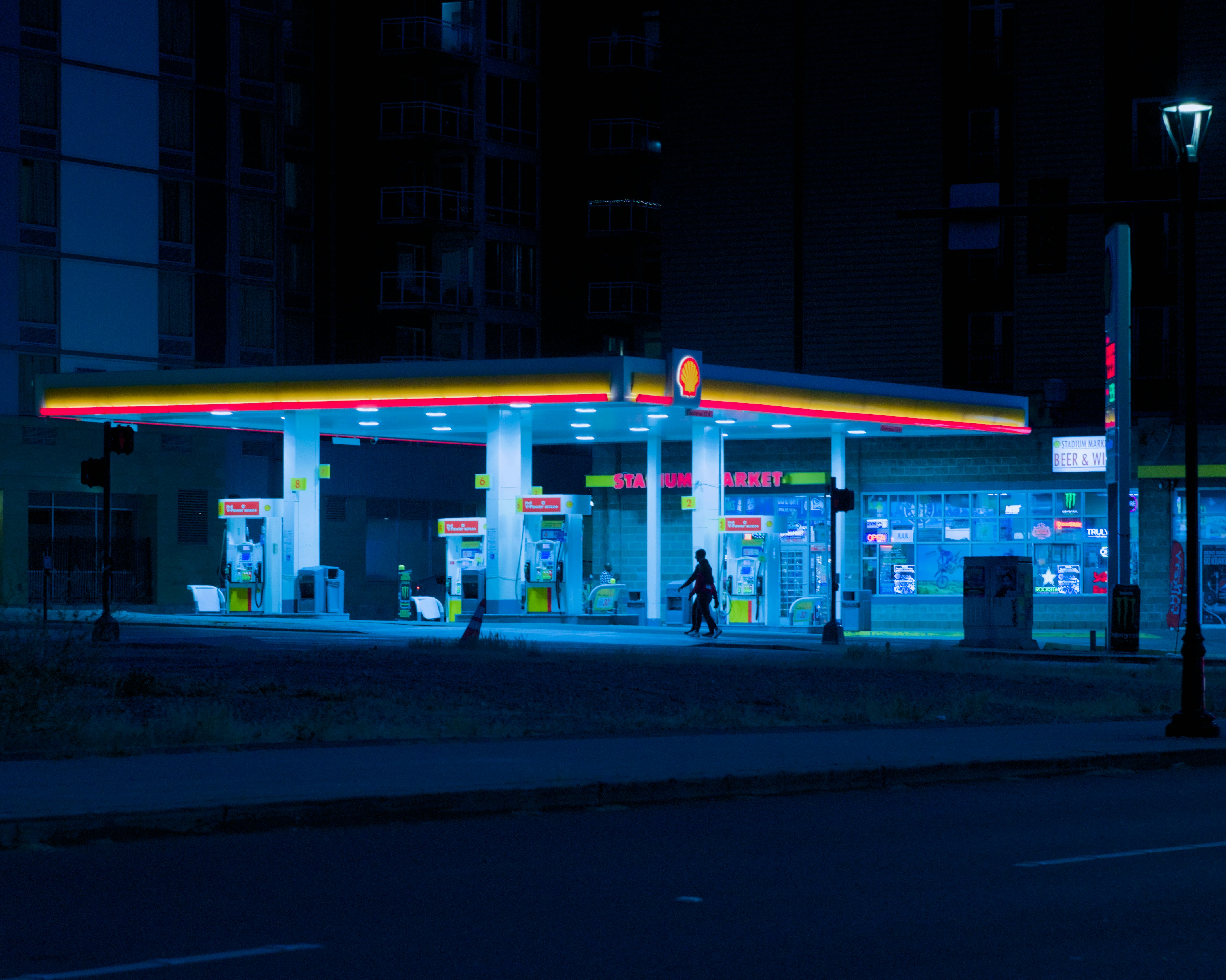 A nighttime shot of a gas station