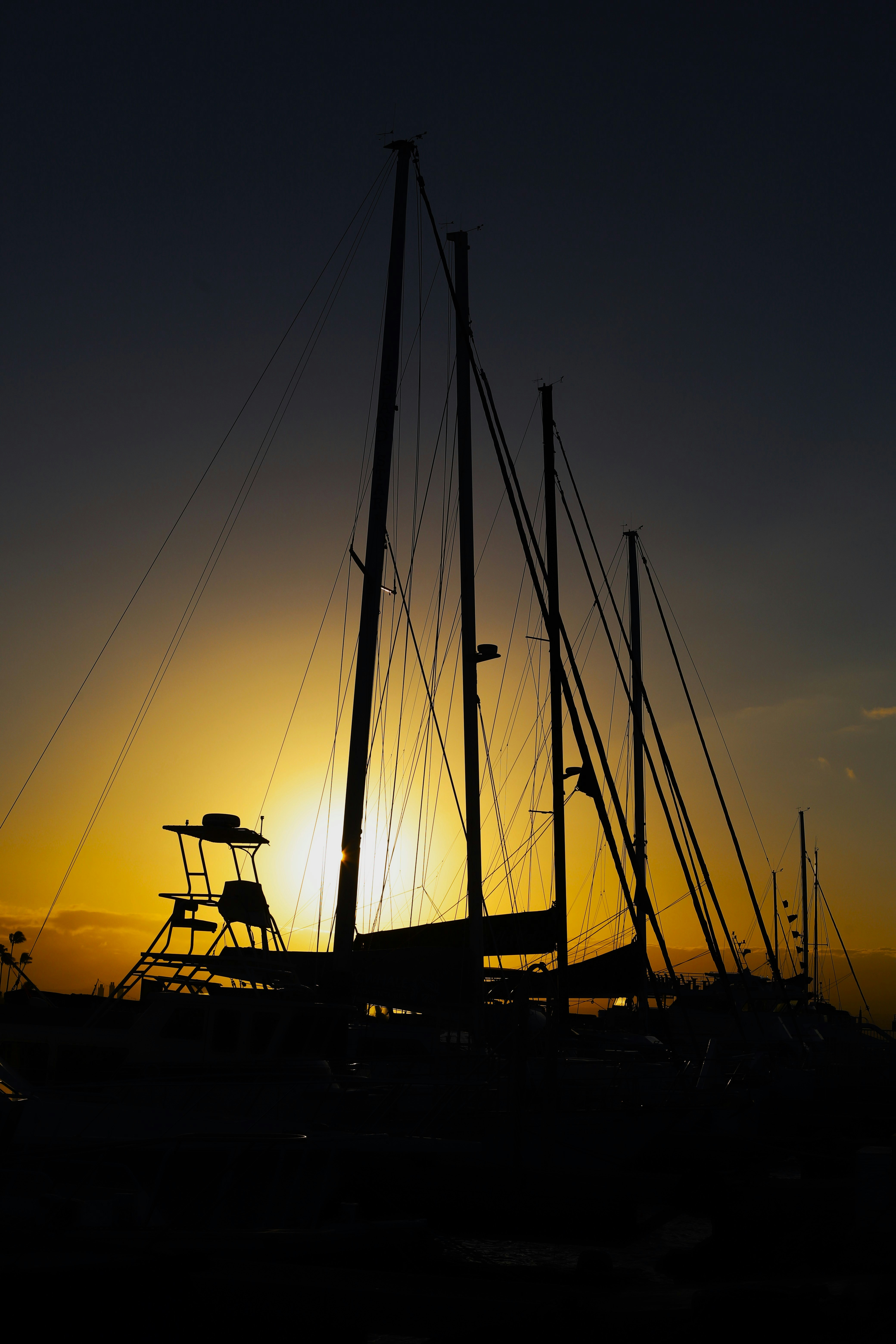 Sailboats silhouetted against a vibrant sunset.