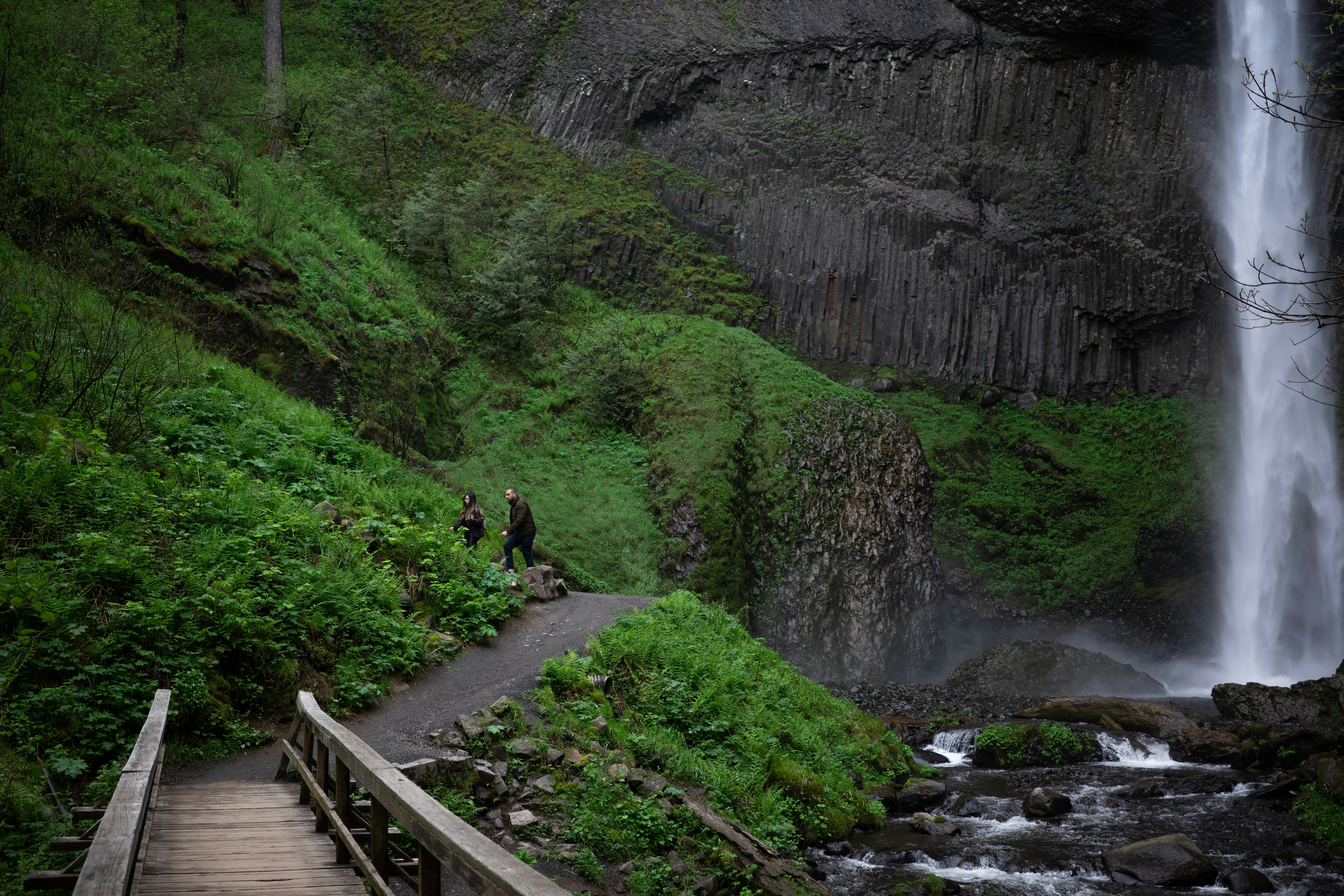 Hikers at Pacific Northwest Waterfall Near Portland Oregon. Two hikers walk the trail at a stunning waterfall near Portland, Oregon showcasing the lush Pacific Northwest landscape with distinctive columnar basalt cliffs and moss-covered rocks. The tall cascade flows through verdant forest with ferns and evergreens typical of Oregon's Columbia River Gorge region. Perfect for hiking content, Pacific Northwest tourism, outdoor recreation, and waterfall photography.