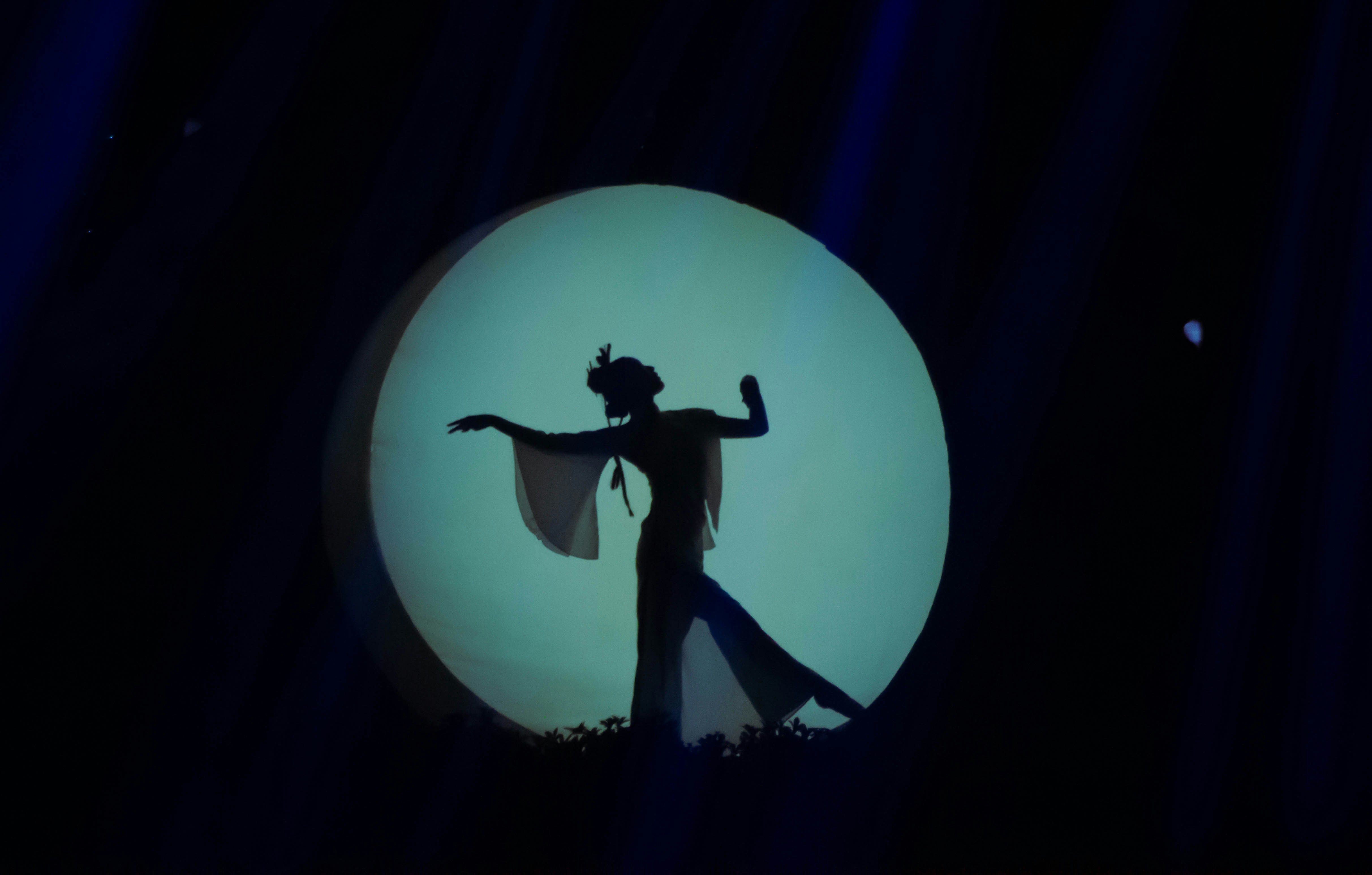 A dancer silhouetted against a moon.