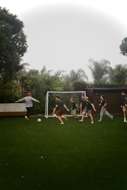 People are playing soccer on the green lawn.