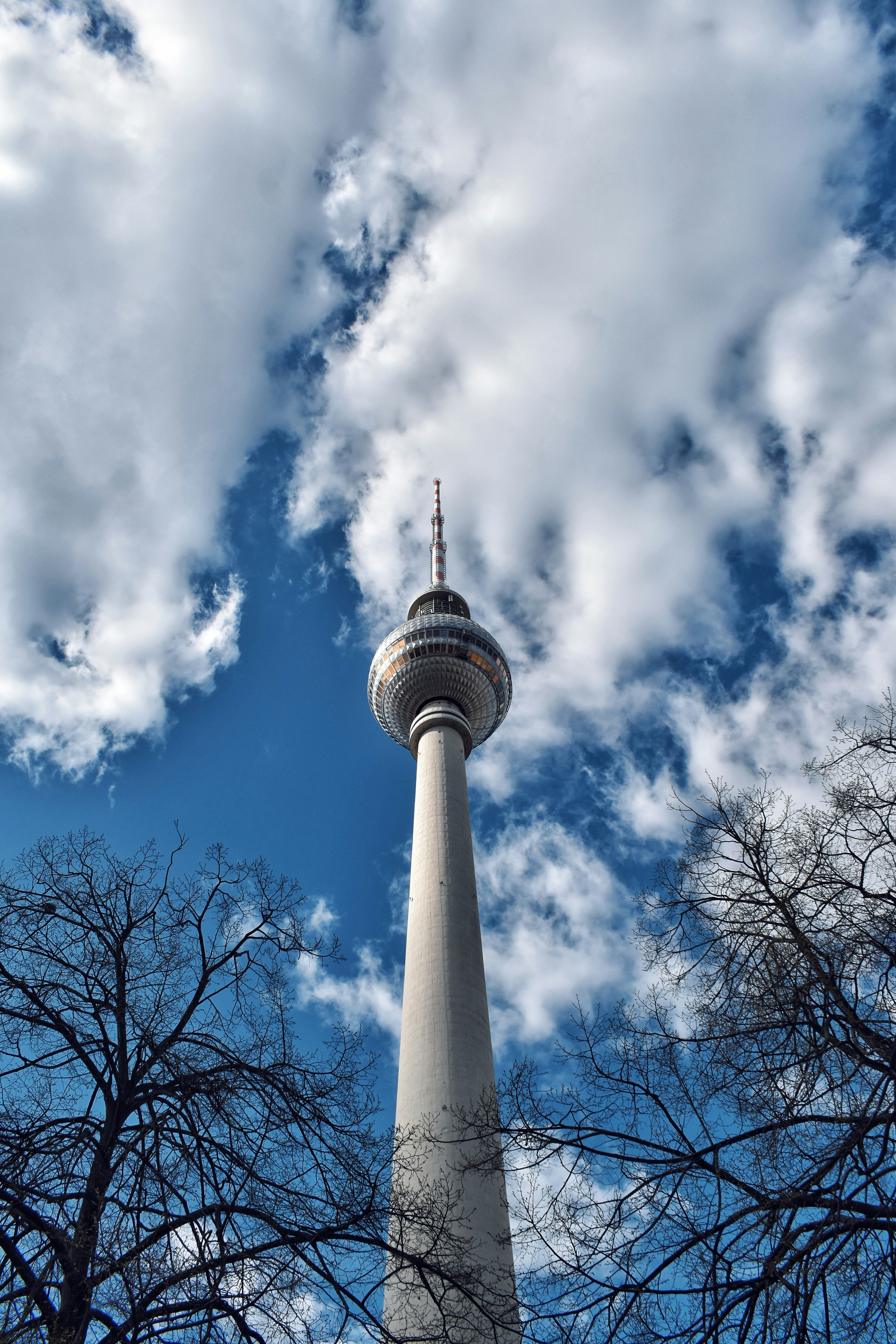 Berlin's TV tower soars into the blue sky.