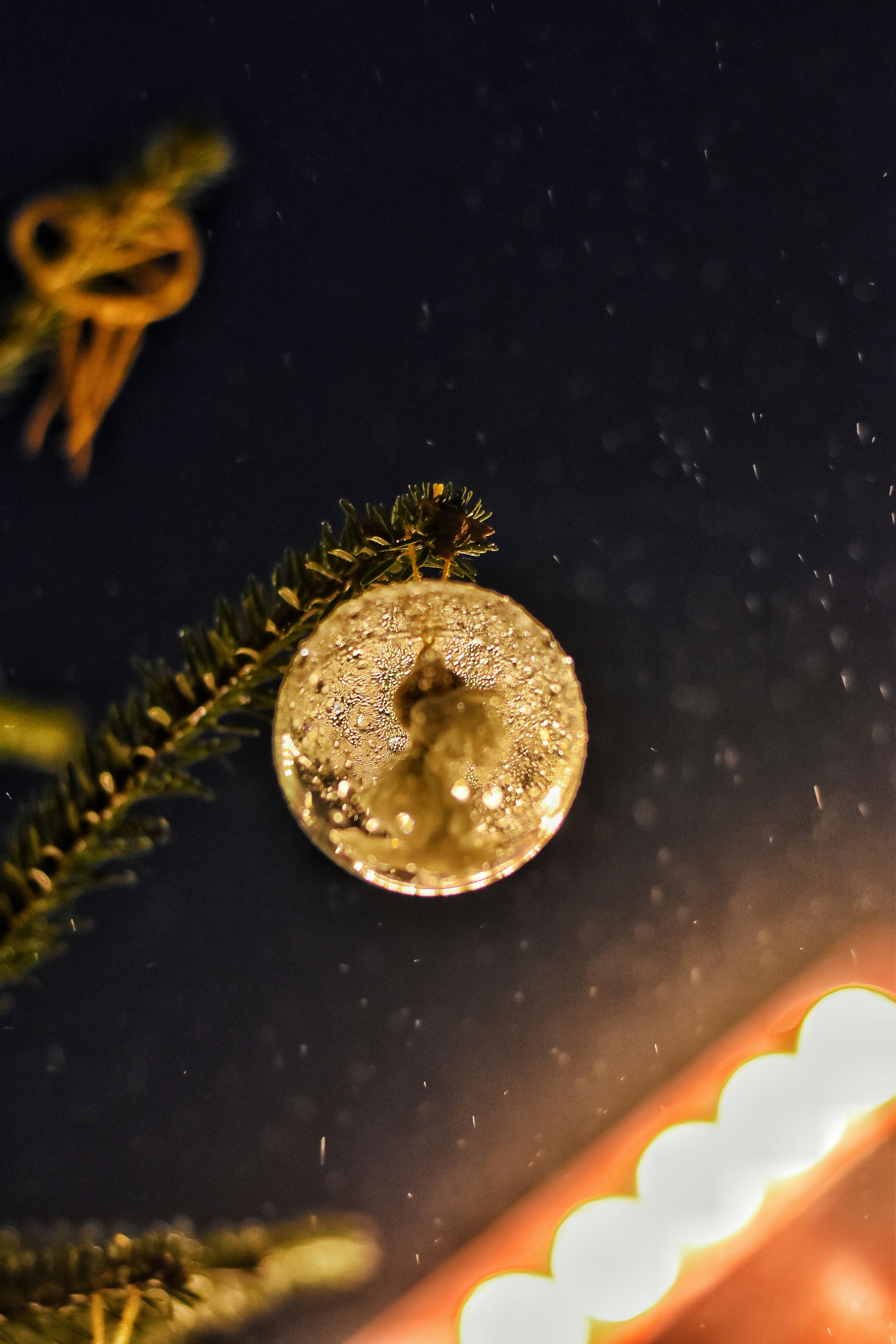 A golden christmas ornament sparkles on the tree.