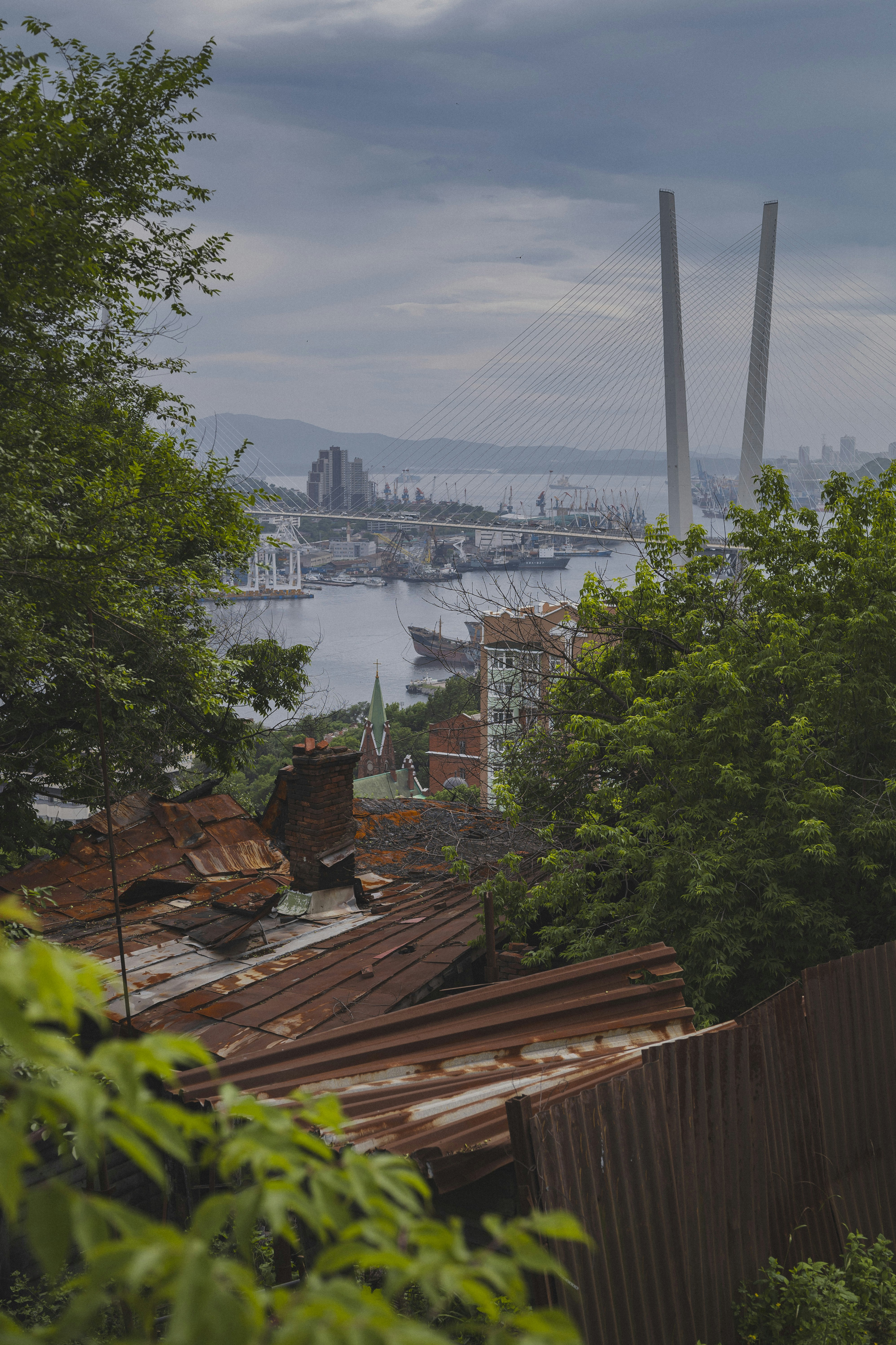 View of a city and bridge on a cloudy day.
