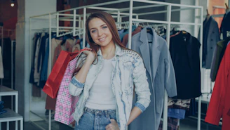 Woman smiles with shopping bags in a clothing store.