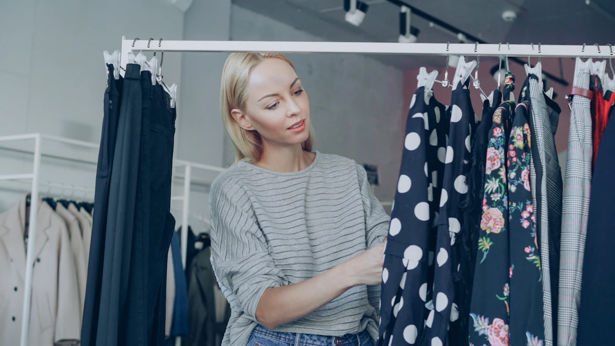 Une femme blonde en pull gris rayé passe en revue des robes à pois et à fleurs suspendues à un portant blanc, dans une boutique claire