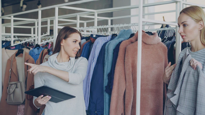 Une femme aide une autre personne à choisir des vêtements