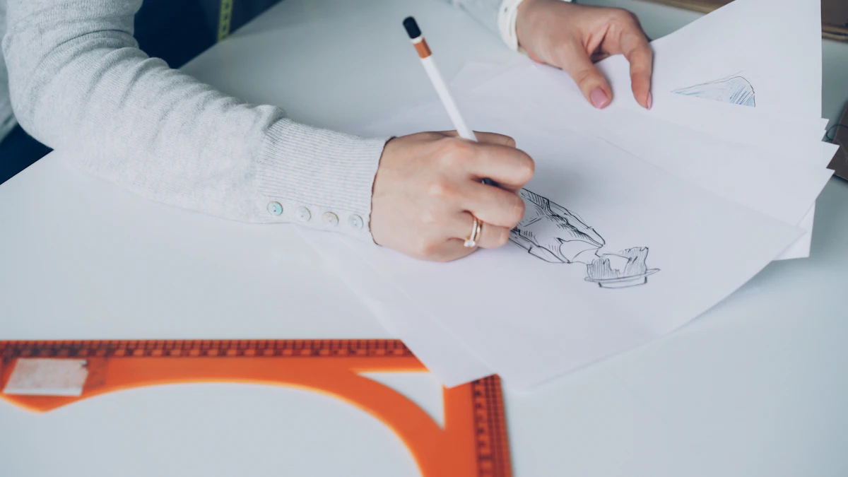 Close-up of a designer sketching garment outlines on paper in a studio.