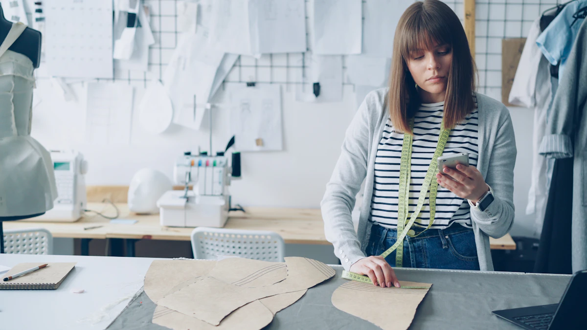 Fashion designer works on patterns in her studio