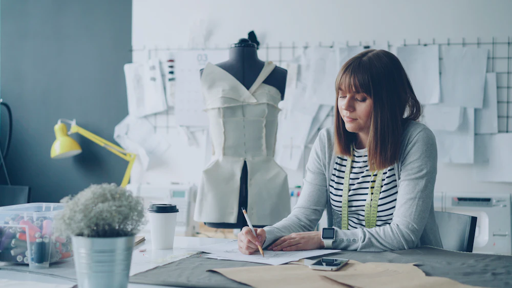 A designer sketching at a studio worktable
