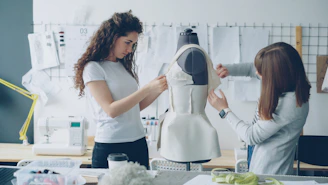 Fashion designers work on a dress form together