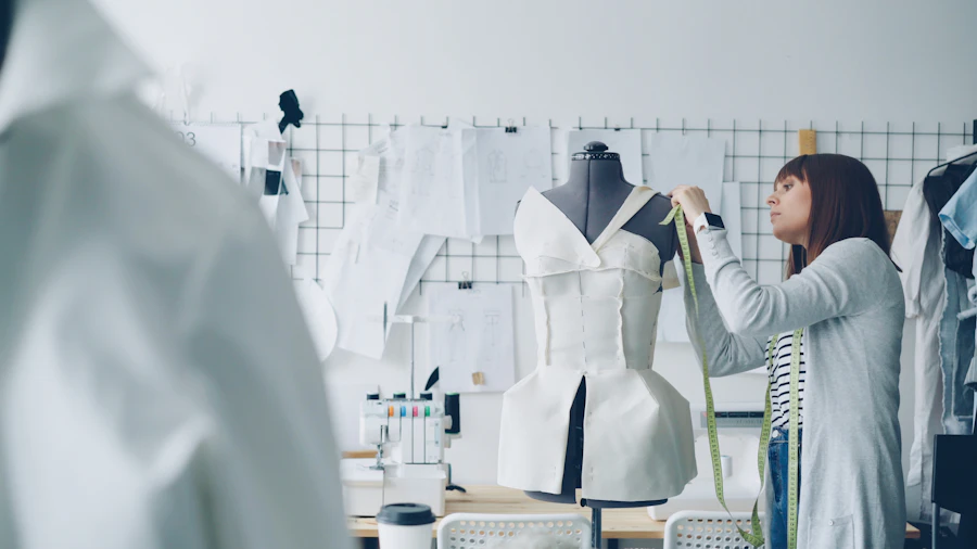 Fashion designer measures a dress on a mannequin