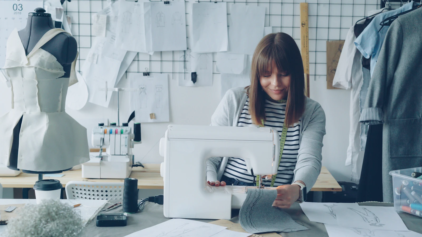 A seamstress concentrating as she sews fabric at her sewing machine in a studio.