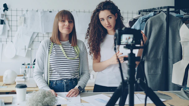 Two women are filming a video about fashion.