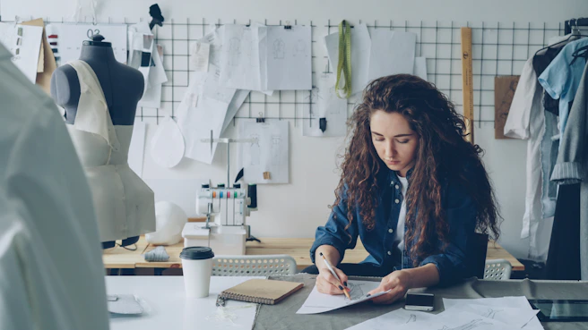 A fashion designer sketching at her work station.