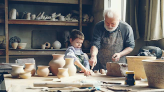 A grandfather teaches pottery to his grandson.