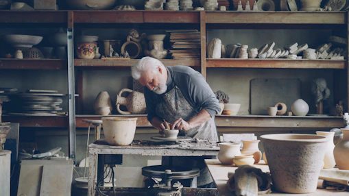 A potter works on pottery in his workshop.
