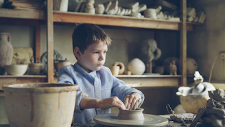 Boy sculpts a pot on a pottery wheel.