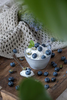 Cottage cheese and blueberries presented beautifully.