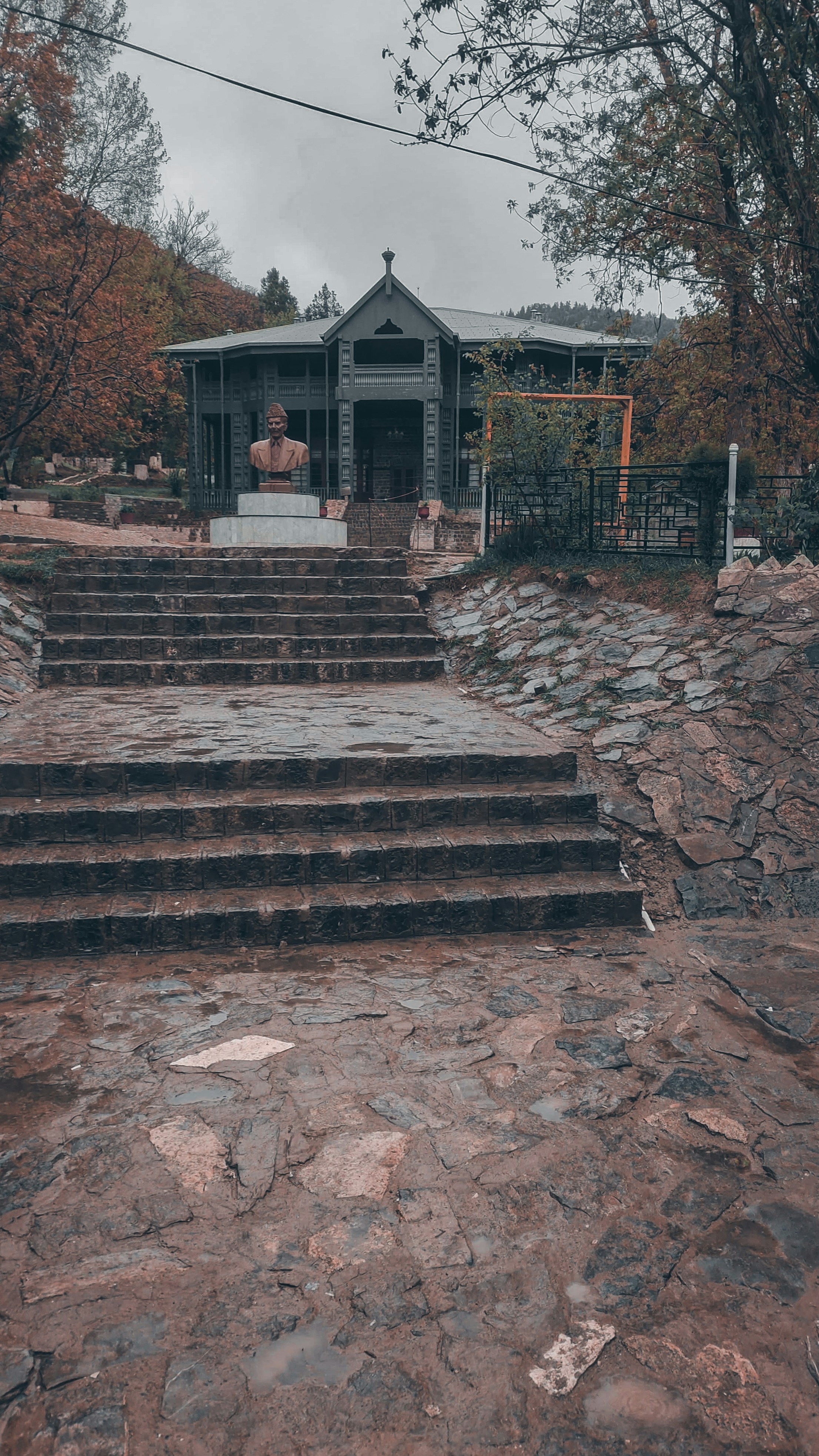 Steps leading up to a building with a statue.