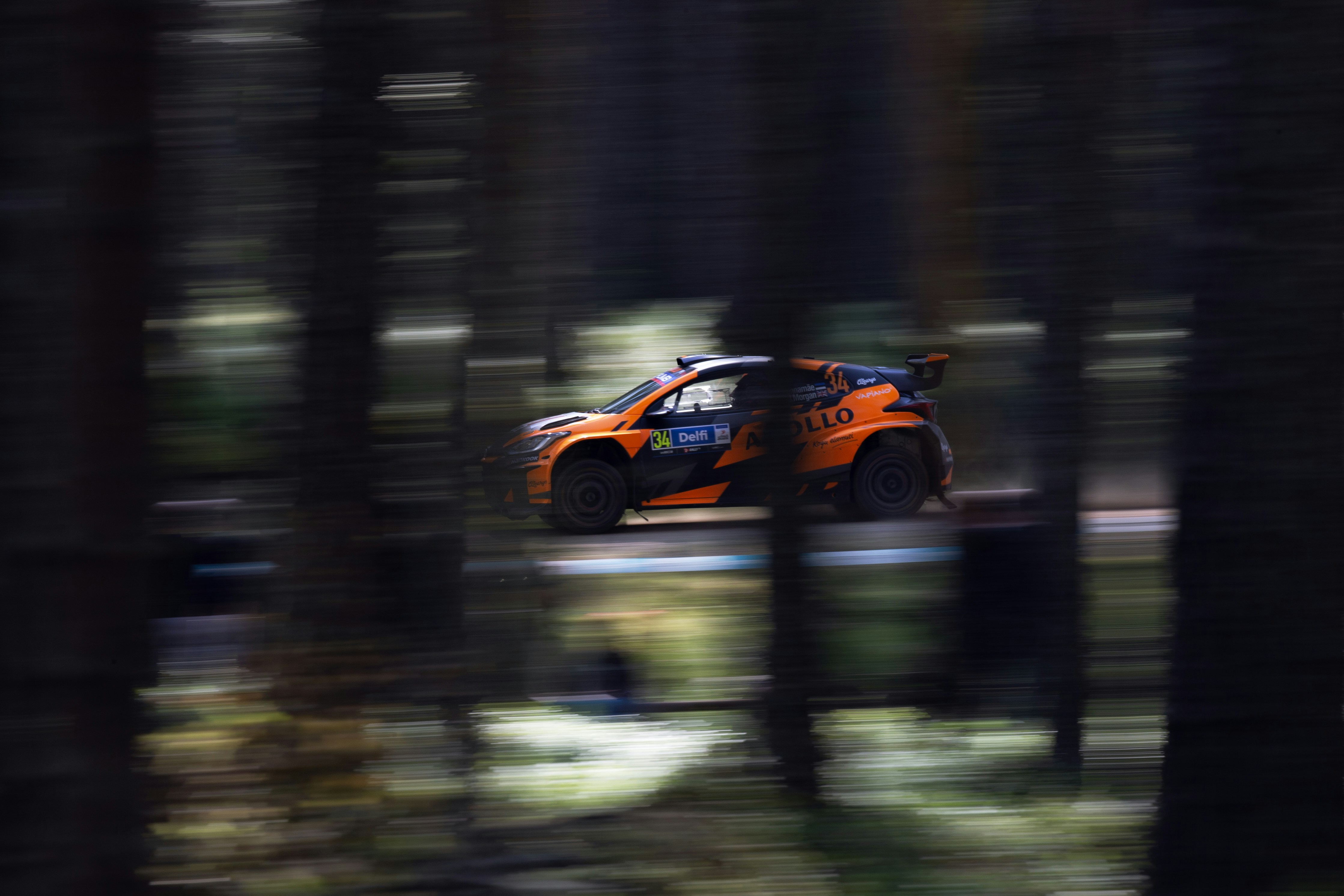 A rally car speeds through a forest.