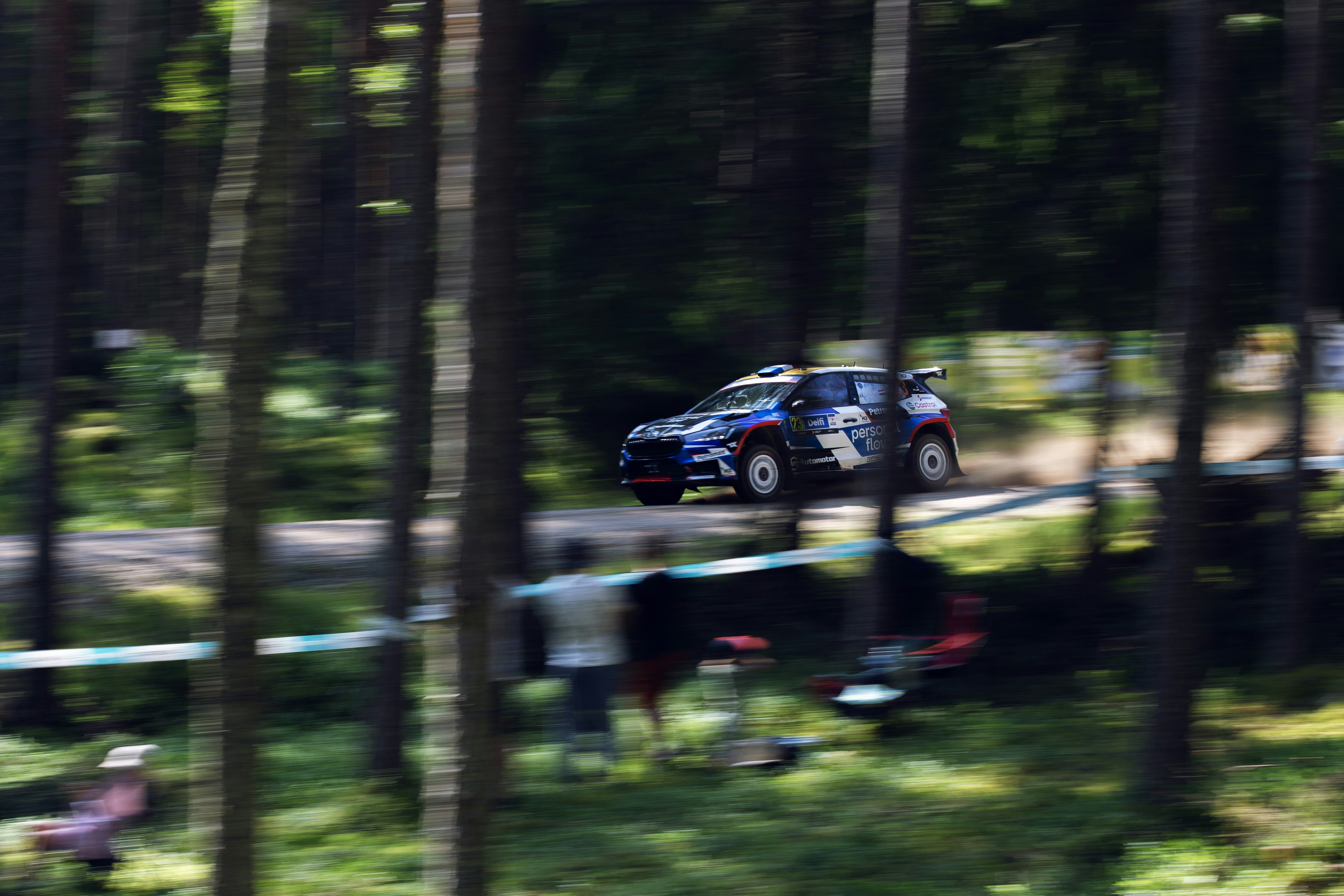 A race car speeds through a forest.