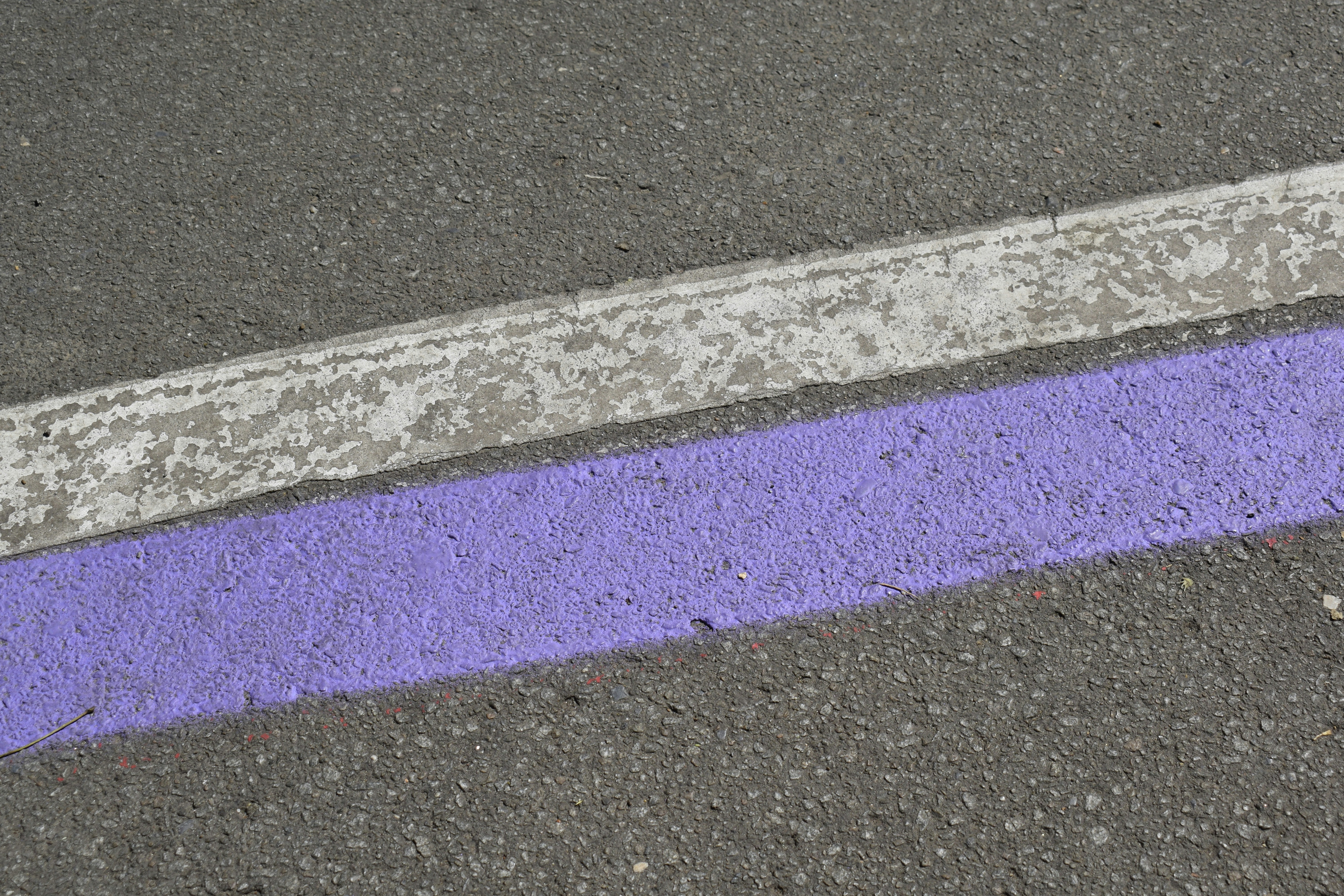 A purple and white line painted on pavement.