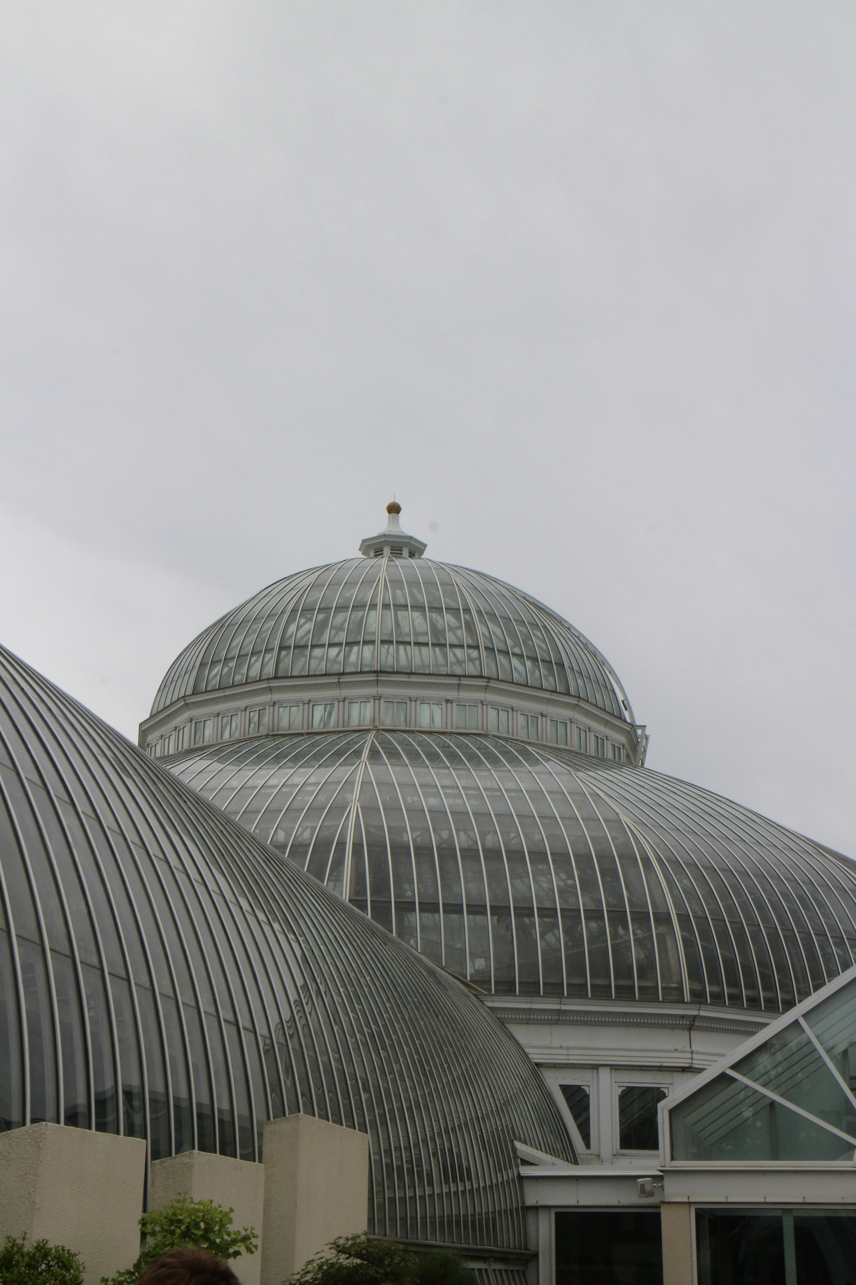 A glass dome greenhouse stands under a cloudy sky.
