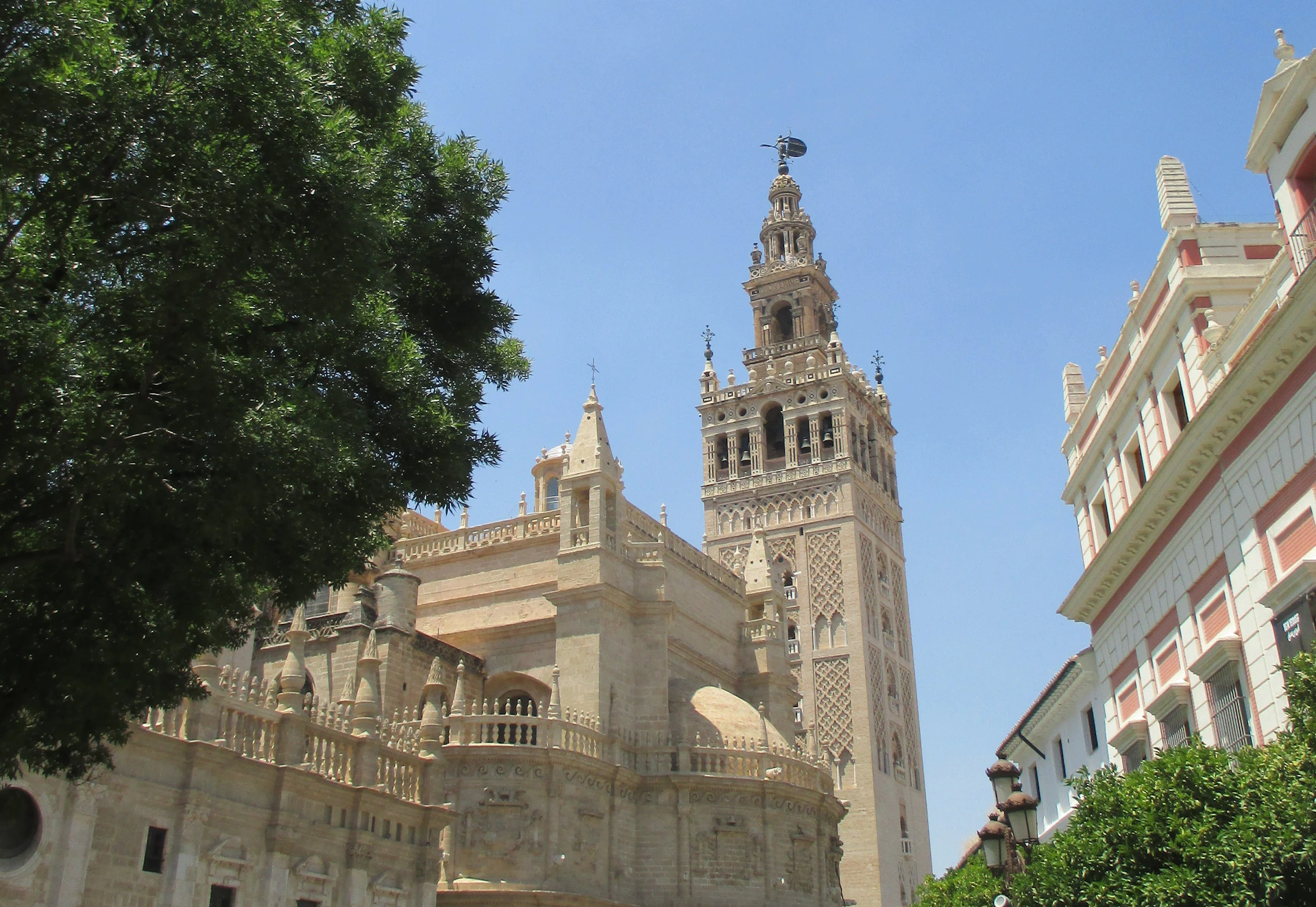 The giralda tower stands tall under a clear sky