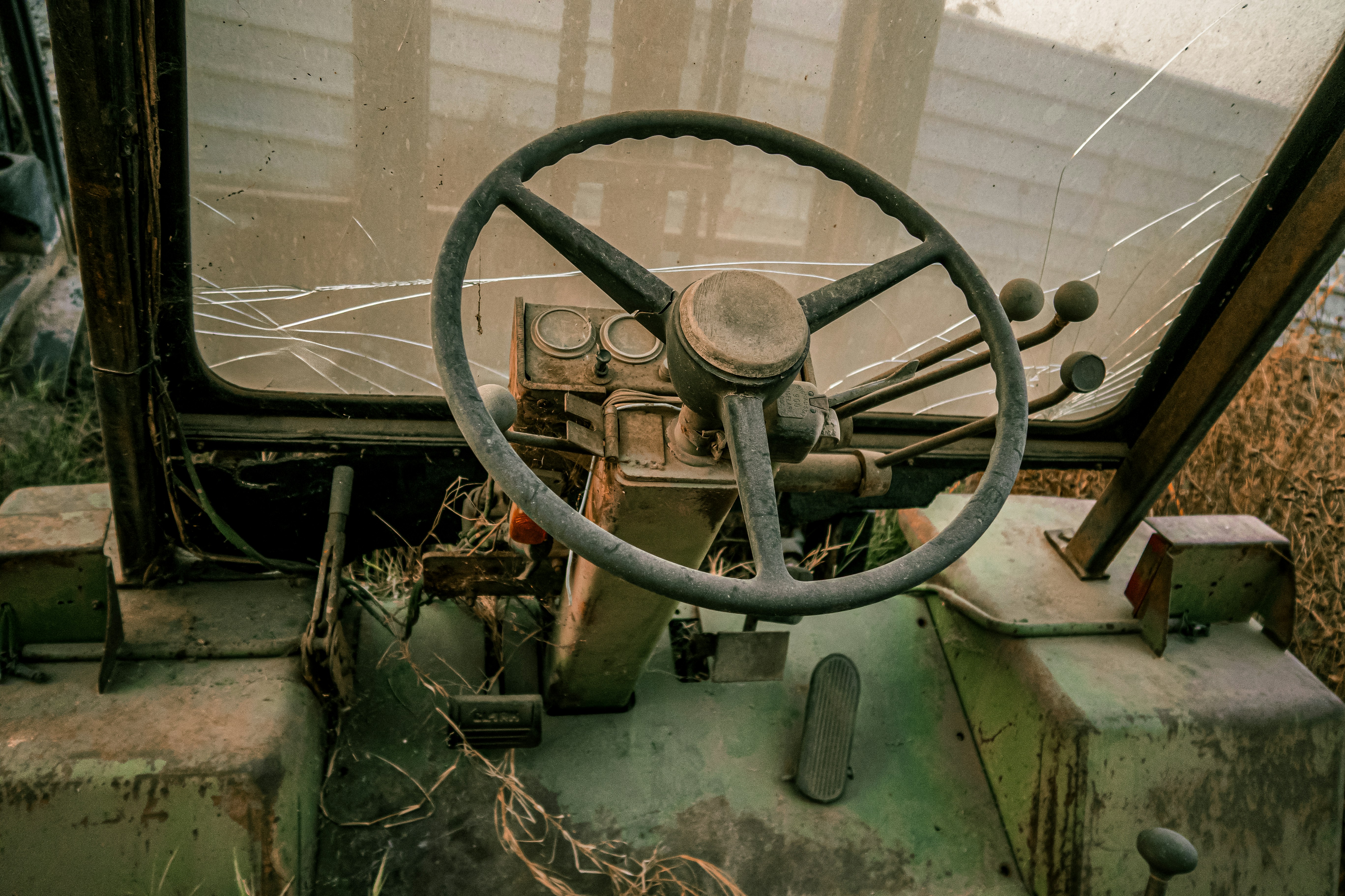 Inside an old, abandoned tractor.