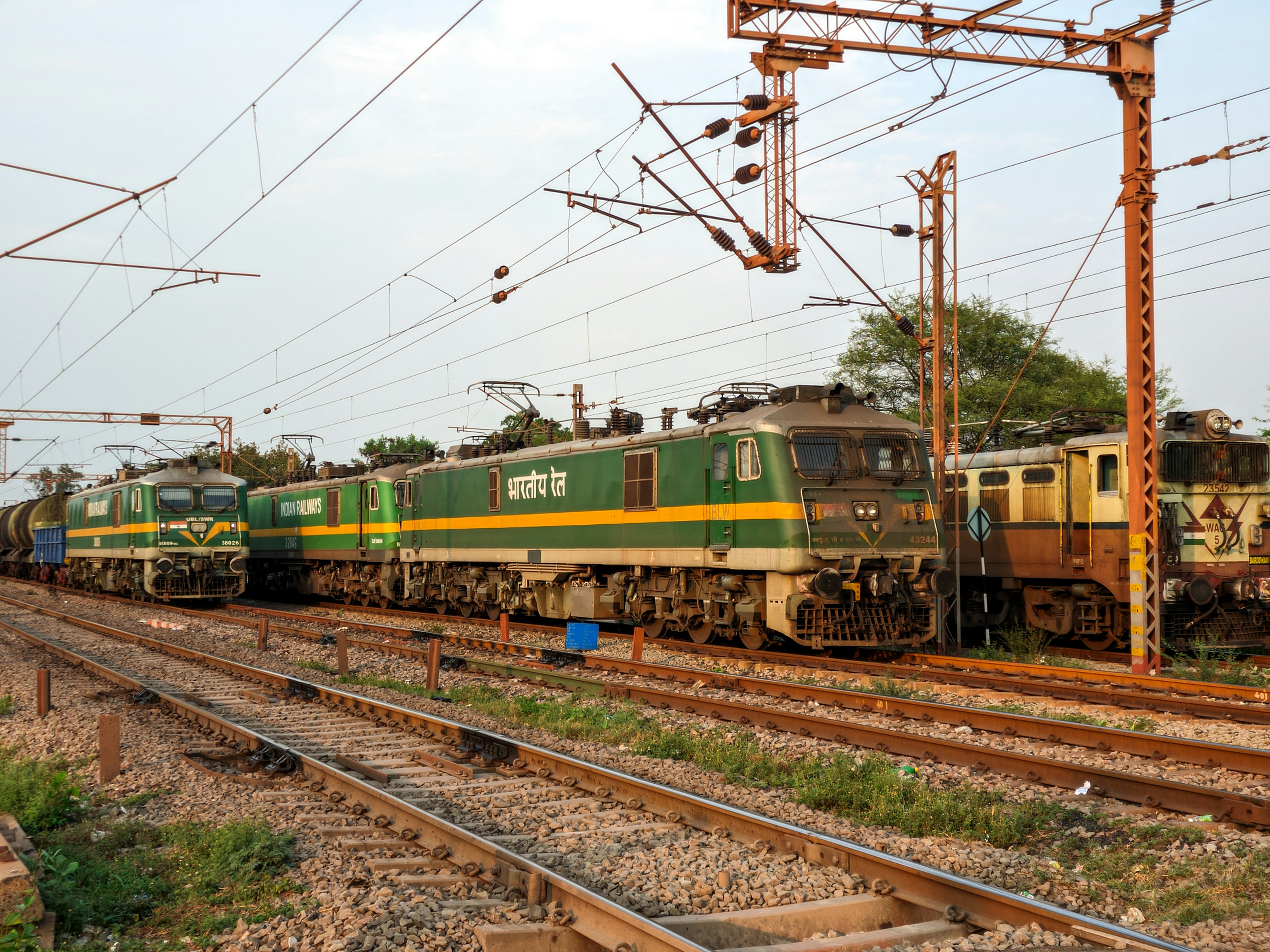 Plusieurs locomotives vertes et brunes sont stationnées sur les voies.