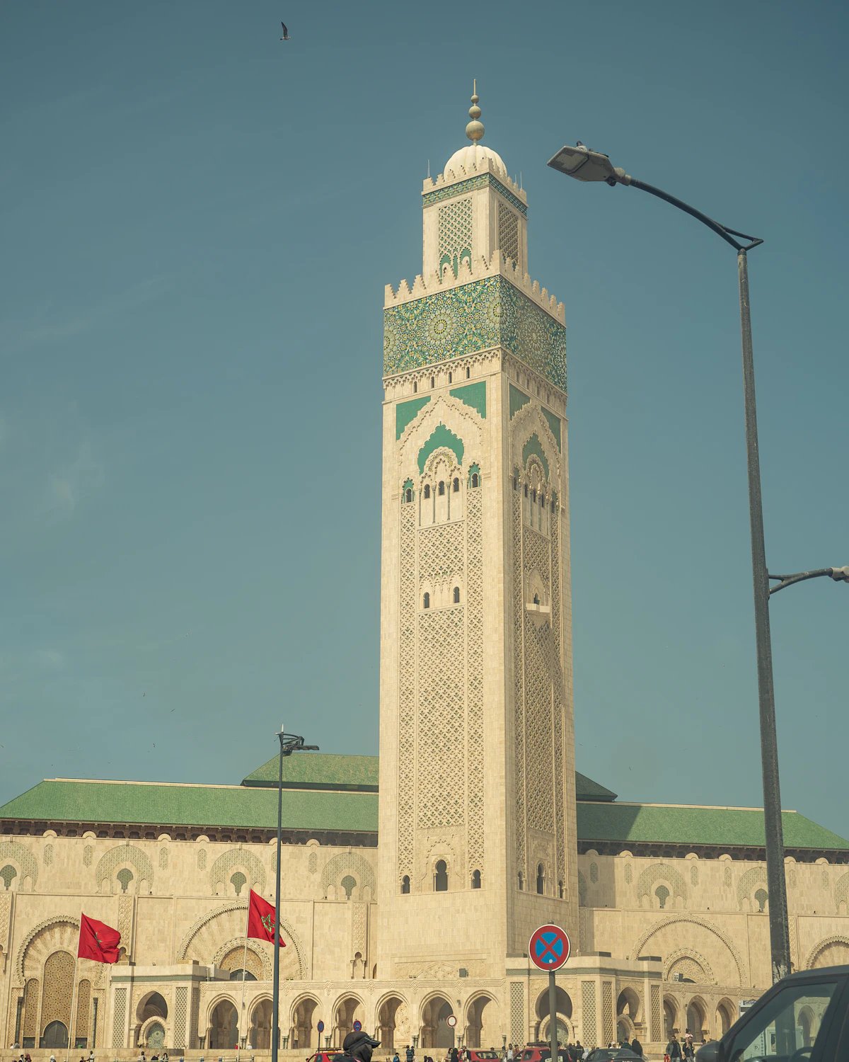 The Hassan II Mosque in Casablanca under a sunny sky