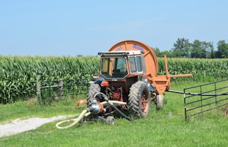 A tractor waters a field of crops.