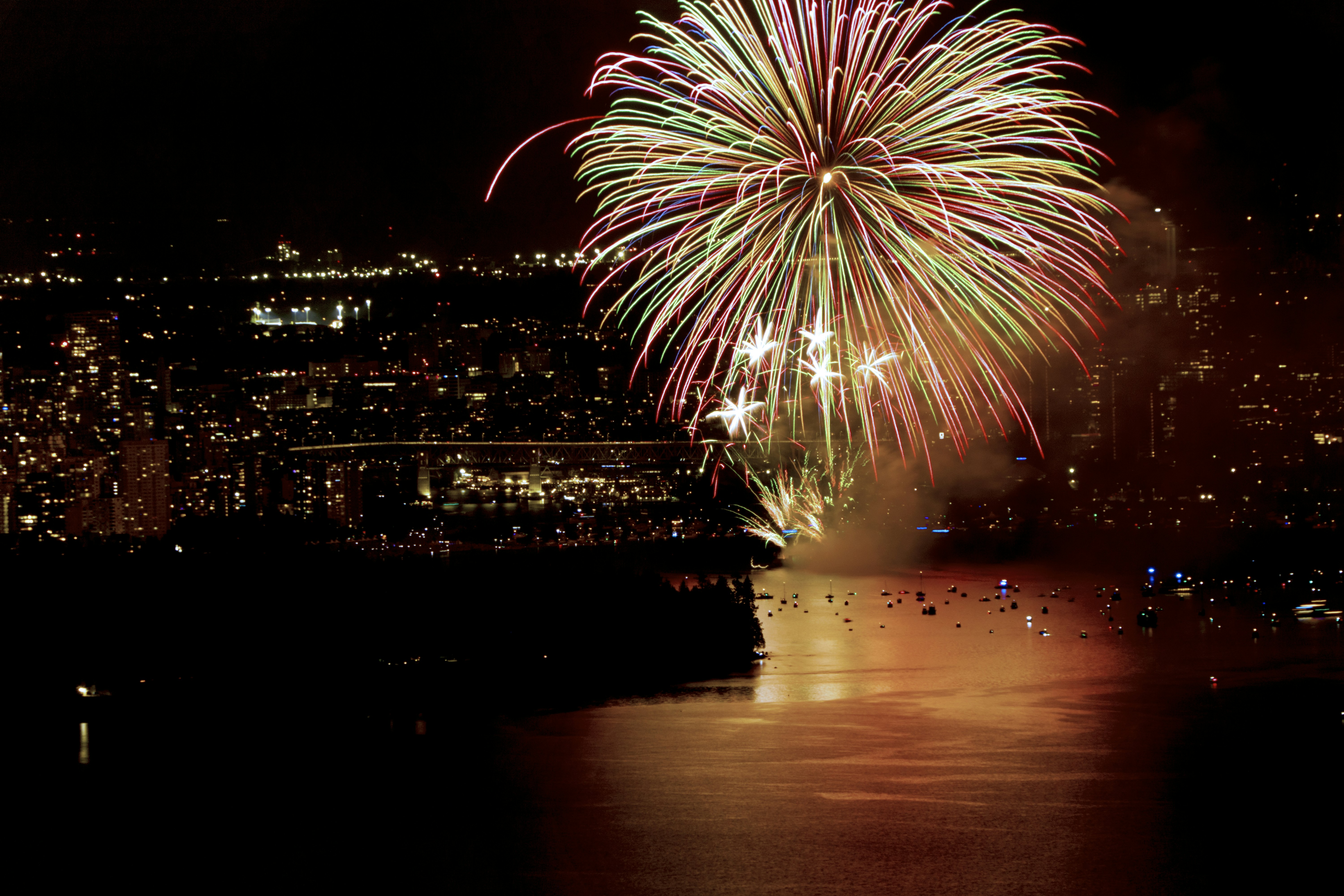 Fireworks light up the night sky over water.