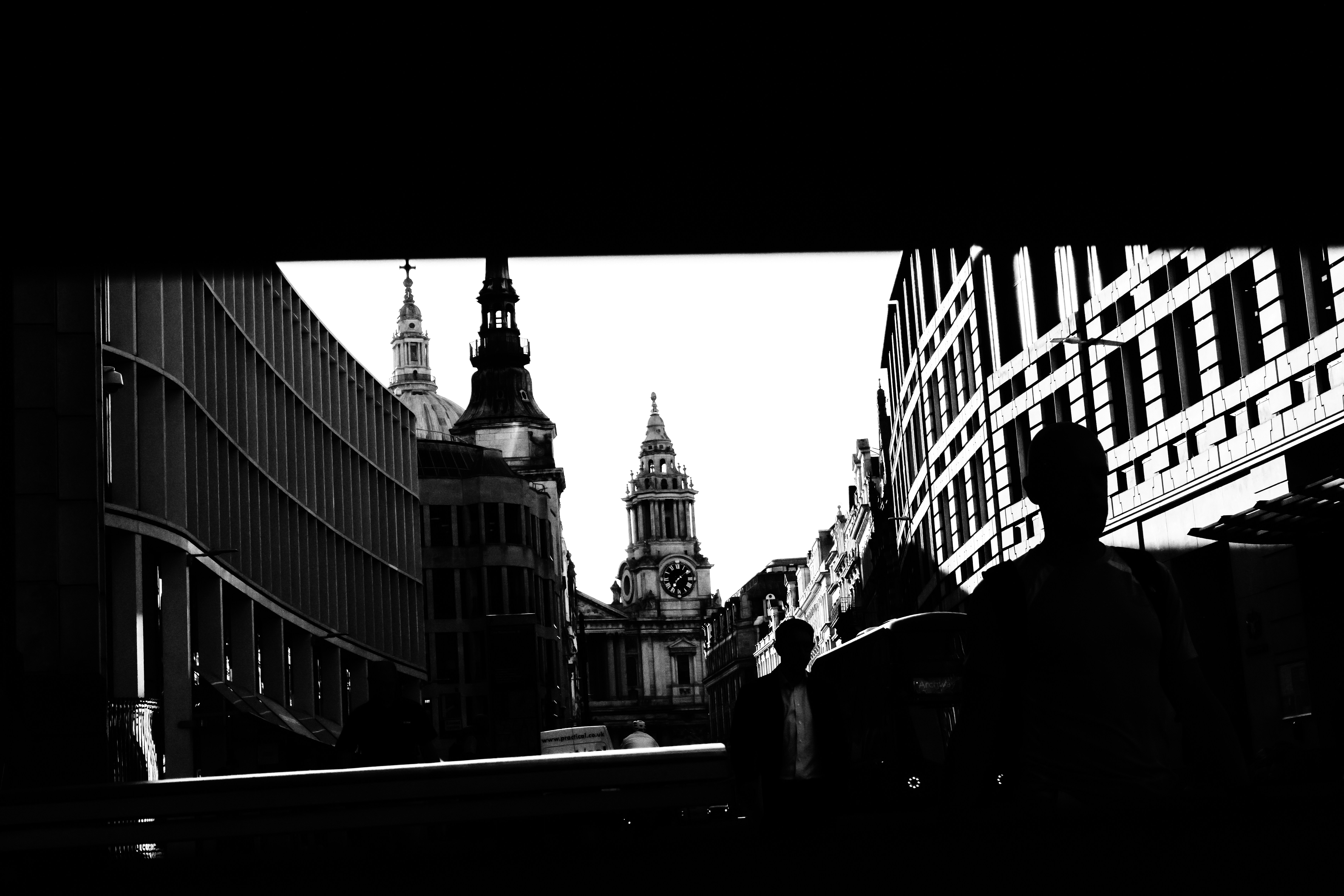 A cityscape scene in black and white.