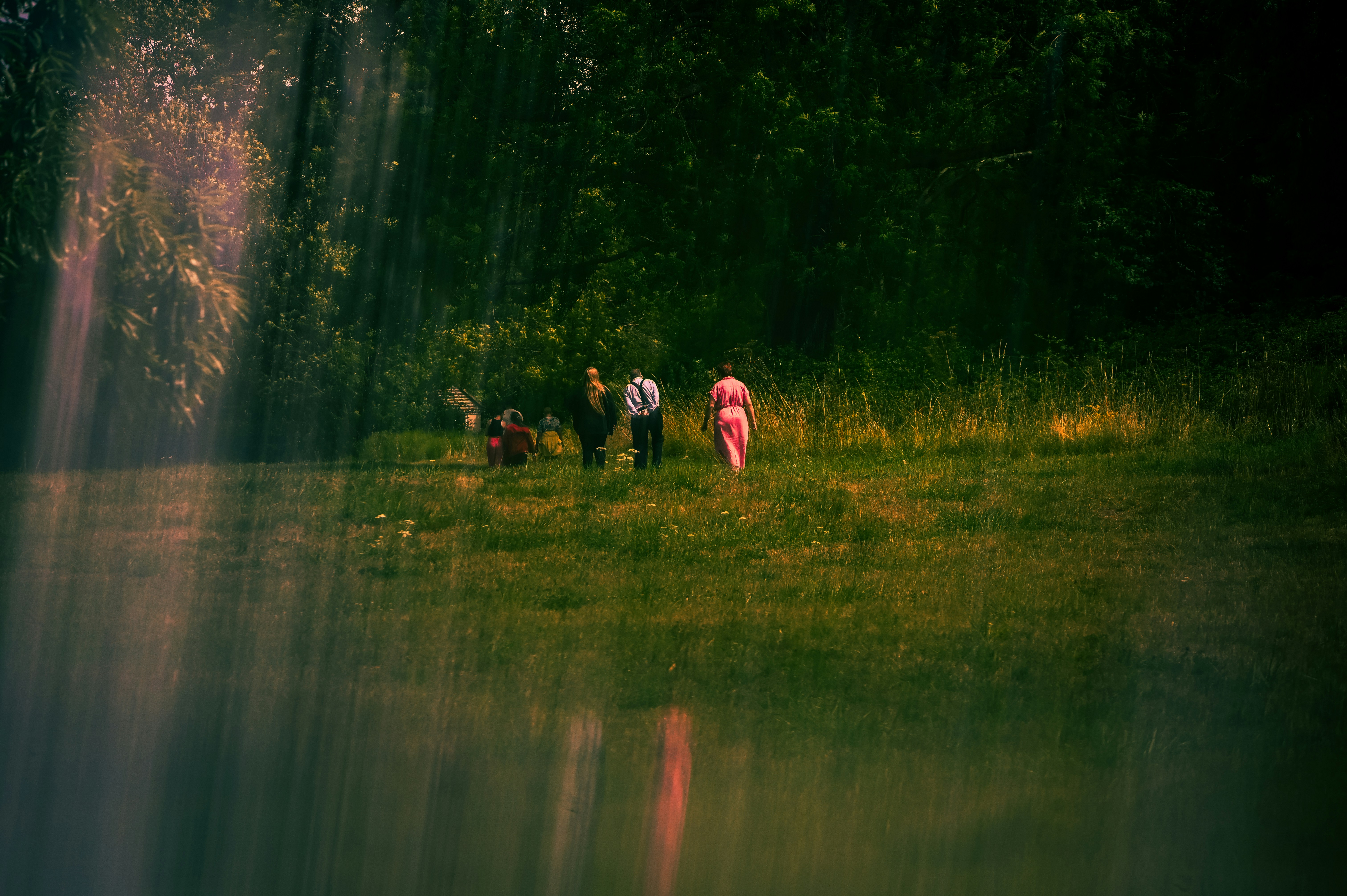 Les gens sont rassemblés près de la lisière d’une forêt.