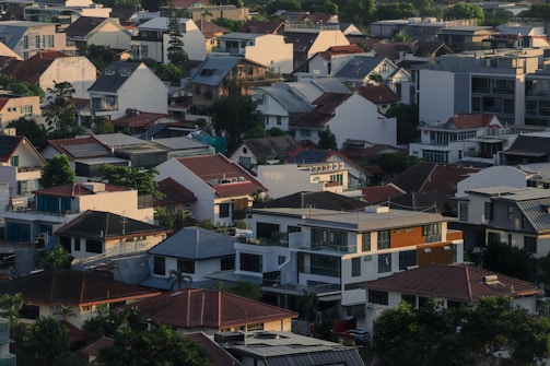 Here's a caption for the image: a dense residential area filled with rooftops.