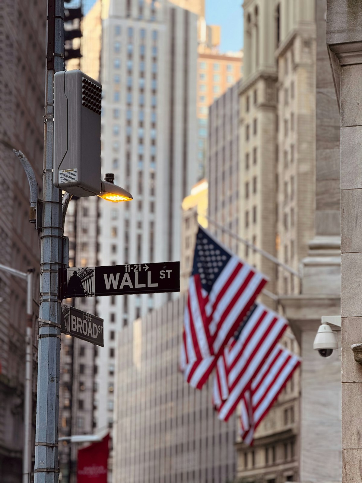 Wall Street sign with American flags on a New York City building