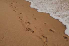 Footprints in sand meet the ocean waves.